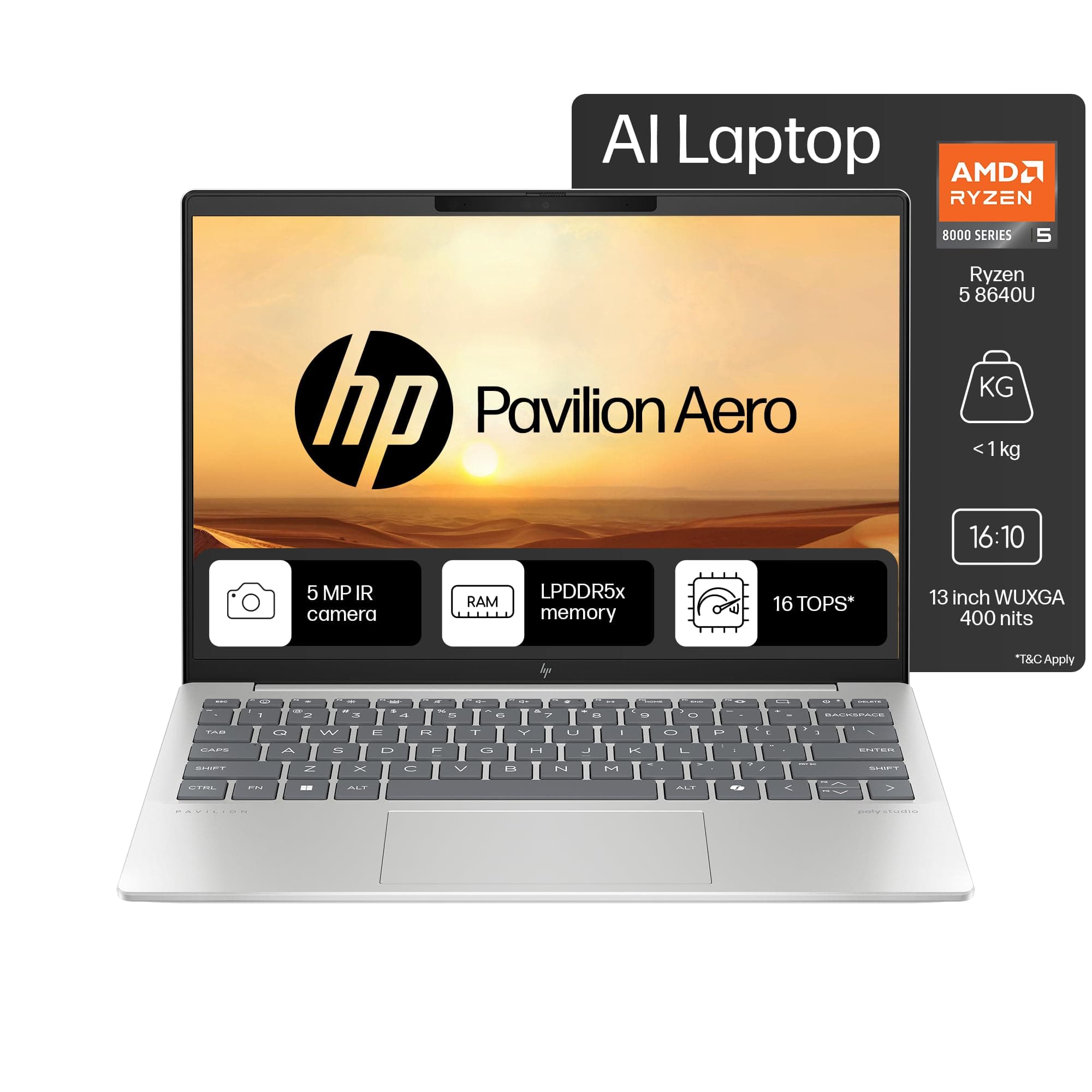 HP Pavilion Aero laptop, Lightest AI PC, AMD Ryzen 5 8640U, 13.3-inch (33.8 cm), WUXGA, 400 nits, 16GB LPDDR5x, 512GB SSD, AMD Radeon graphics, 5MP ca...