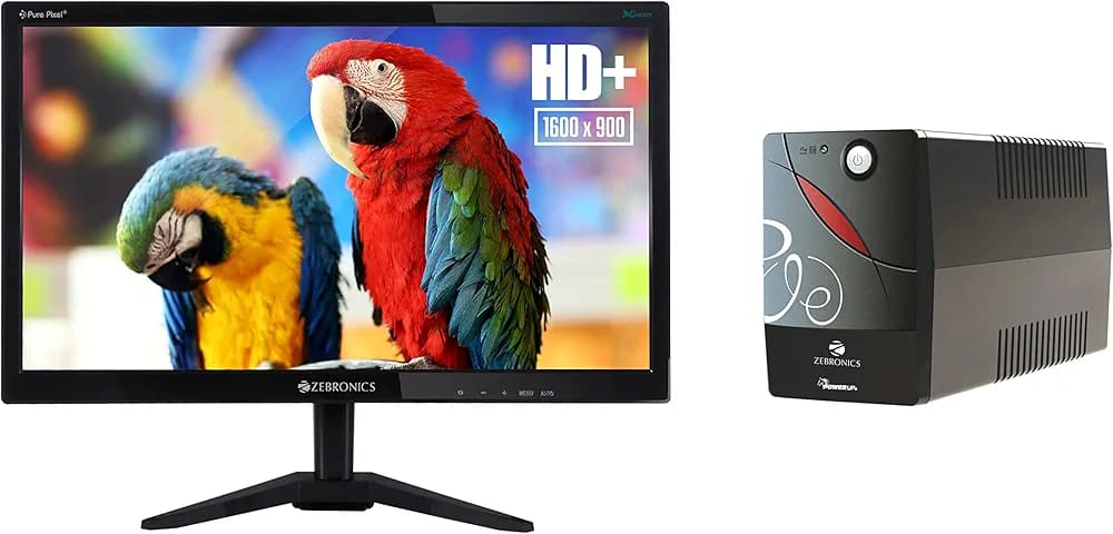 ZEBRONICS 19.5 inch Monitor(49.5CM) with Anti Glare, HD, Slim Design and Wall Mount & Zeb-U725 600VA UPS for Desktop/PC/Computers (not for Routers) with Automatic Voltage Regulation, Black