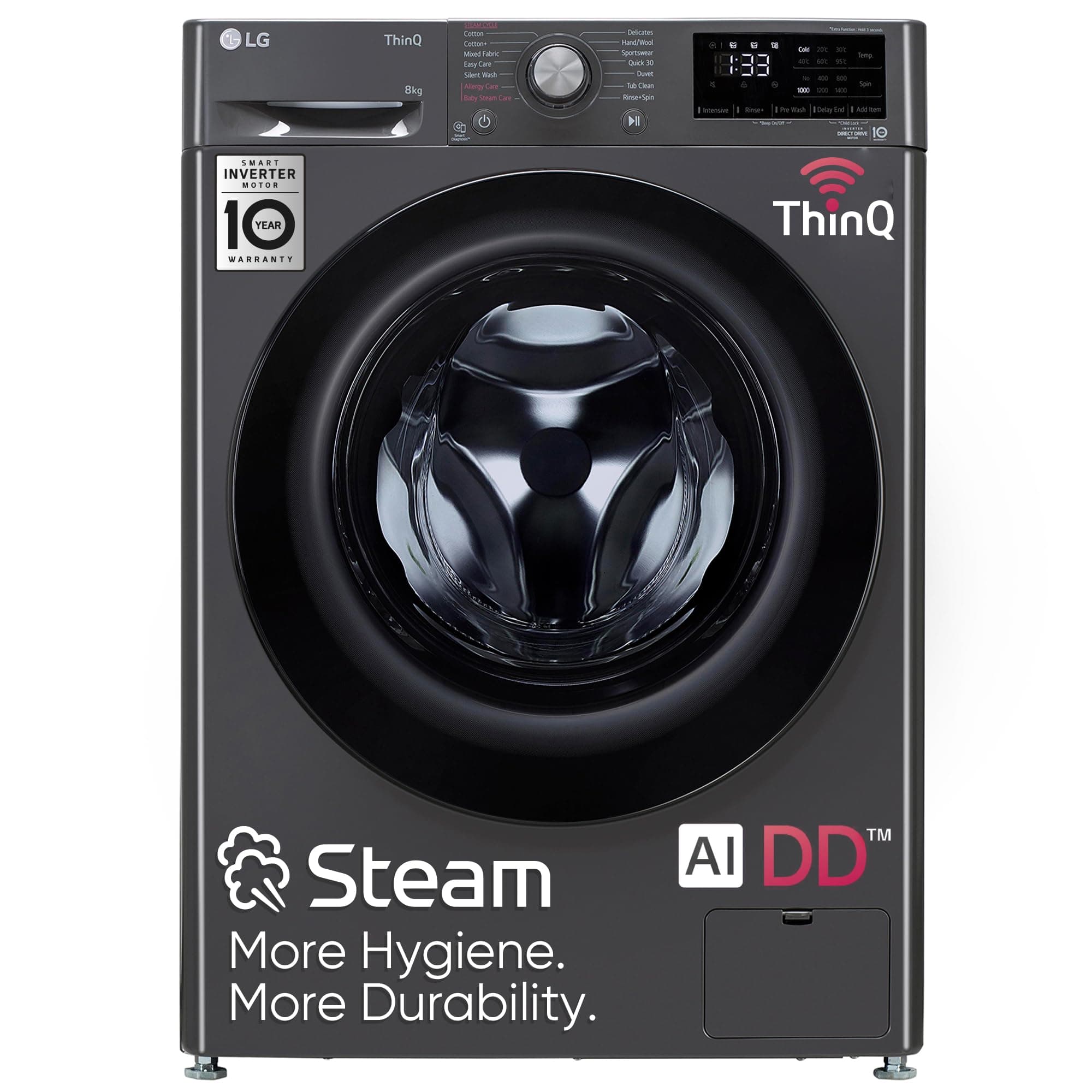 LG 8 Kg 5 Star Inverter Wi-Fi Fully-Automatic Front Loading Washing Machine with Inbuilt heater (FHP1208Z5M, Middle Black, AI DD Technology & Steam for Hygiene)