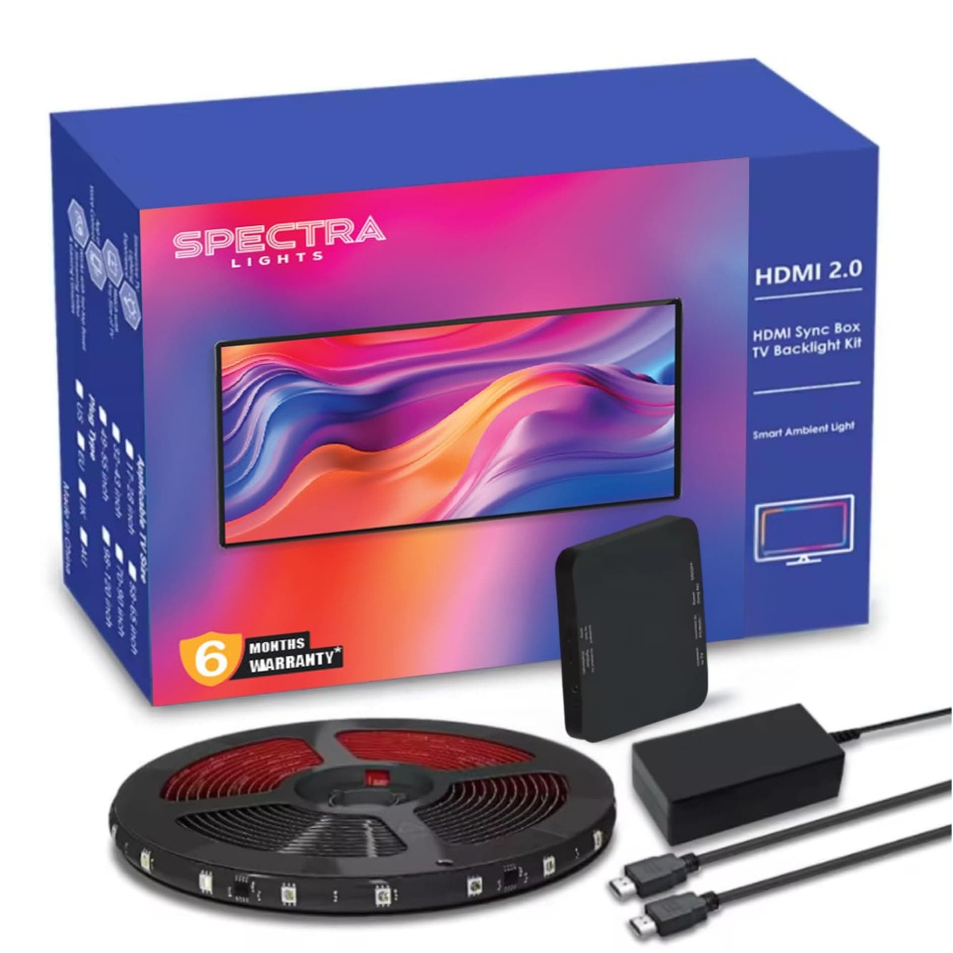 Spectra Lights HDMI Sync Box 2.0 - TV LED Backlight for 32-65 inch TVs with PC, Screen & Music Sync and APP Control, Compatible with Alexa & Google As...