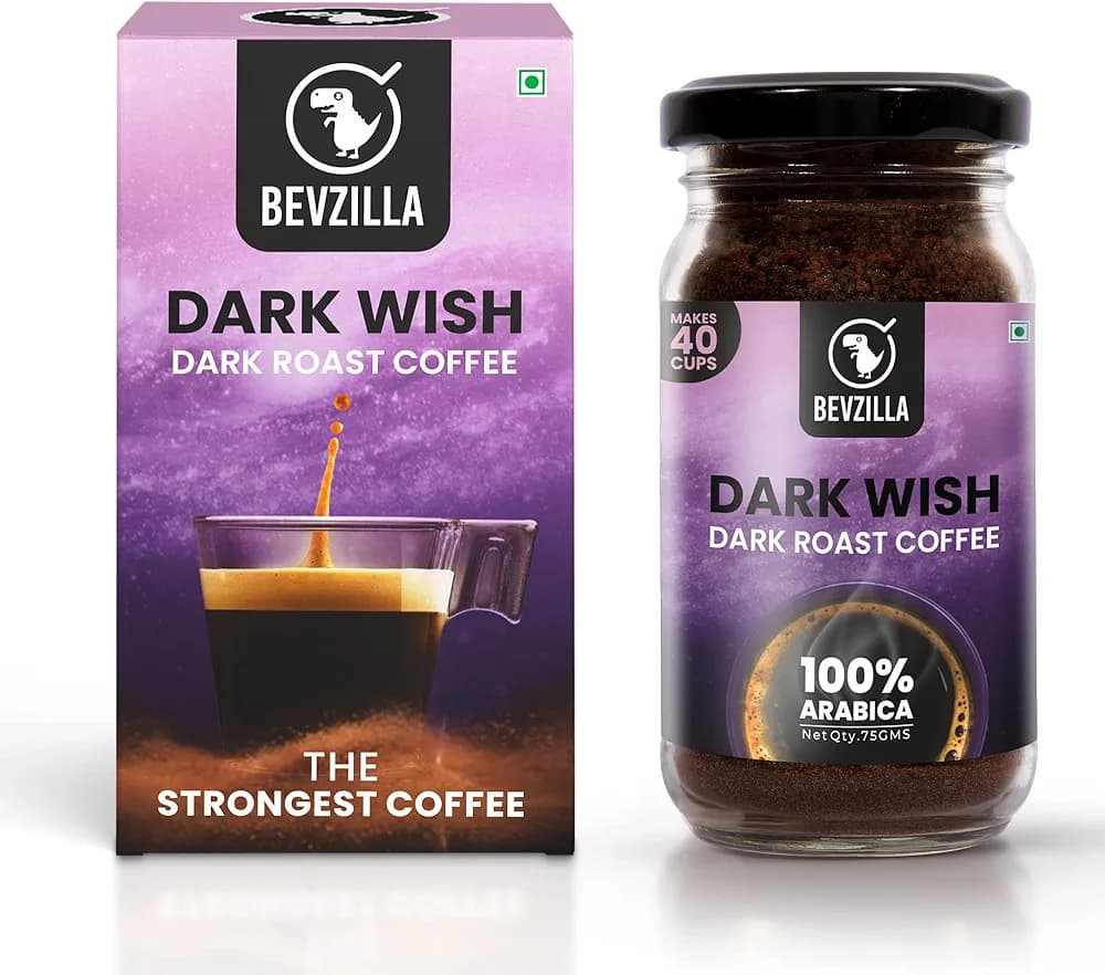 Bevzilla Dark Wish Dark Roast Strong Coffee powder | 75 gms| Black Roast Rich & Dark Instant Coffee Powder | Dark Roasted | Bold & Intense | Makes upto 40 cups | Premium Coffee | Espresso | Latte | Strongest Coffee Ever
