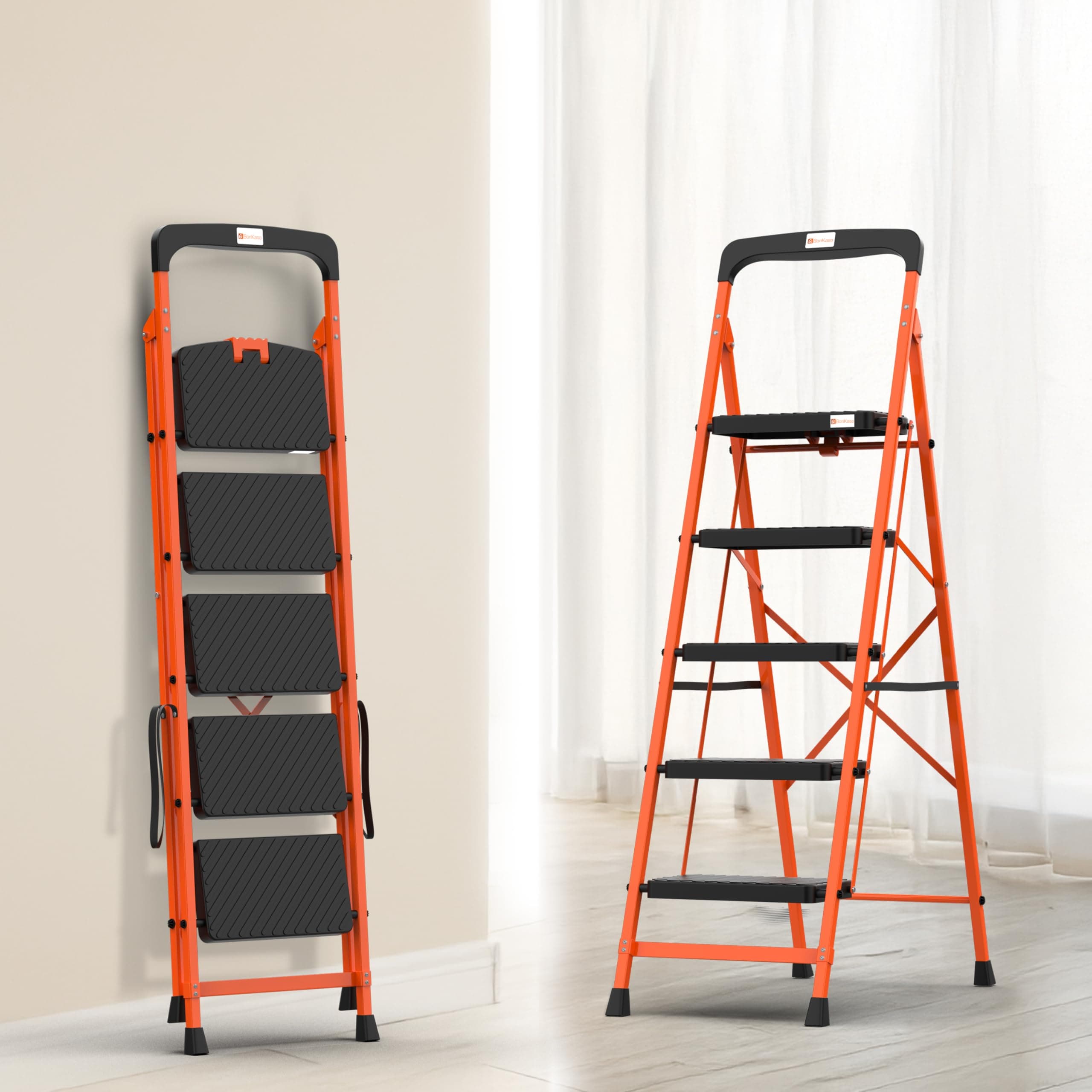 Bonkaso Premium Steel Multipurpose Climb Easy Anti-Slip 5-Step Foldable Ladder with Safety Clutch Lock, Support Handle and Tool Tray for Home - (Orang...