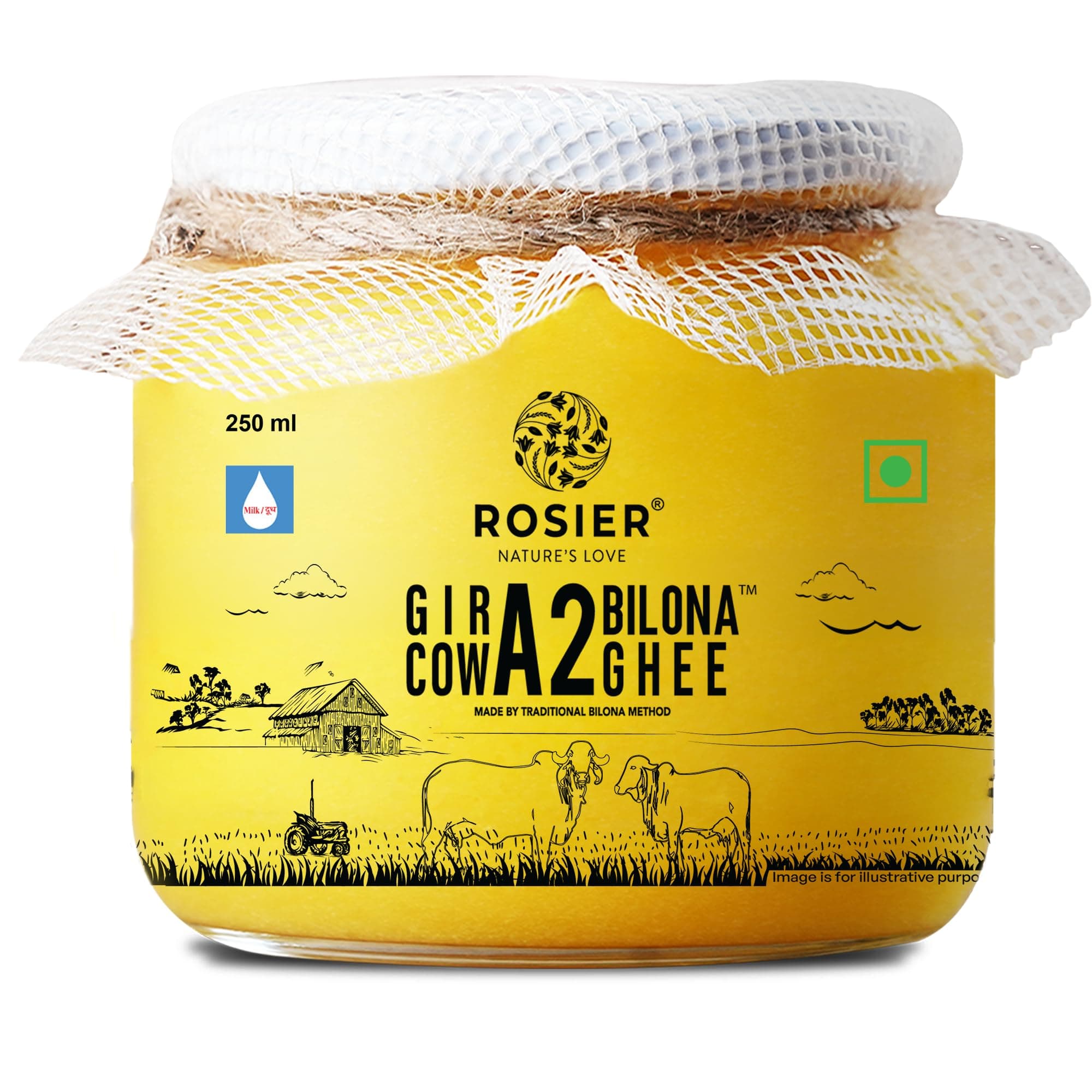 ROSIER A2 Gir Cow Ghee (250 ml) | Traditional Bilona Method A2 Cow Ghee | Grassfed, Pure and Healthy Desi Cow Ghee (Glass Bottle - 250 ML)