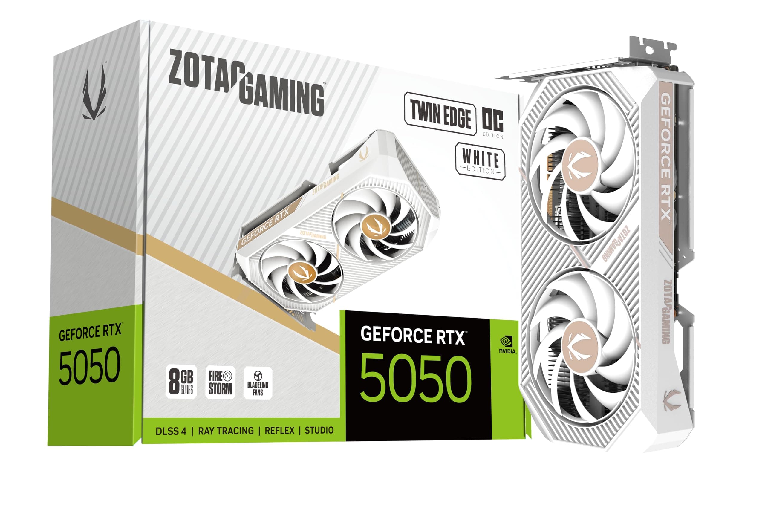 ZOTAC Gaming GeForce RTX 5050 Twin Edge OC Graphics Card - White | 8 GB | DLSS 4 | GDDR6 | 128 bit | Dual Fan | 2560 CUDA Cores | ZT-B50500Q-10M