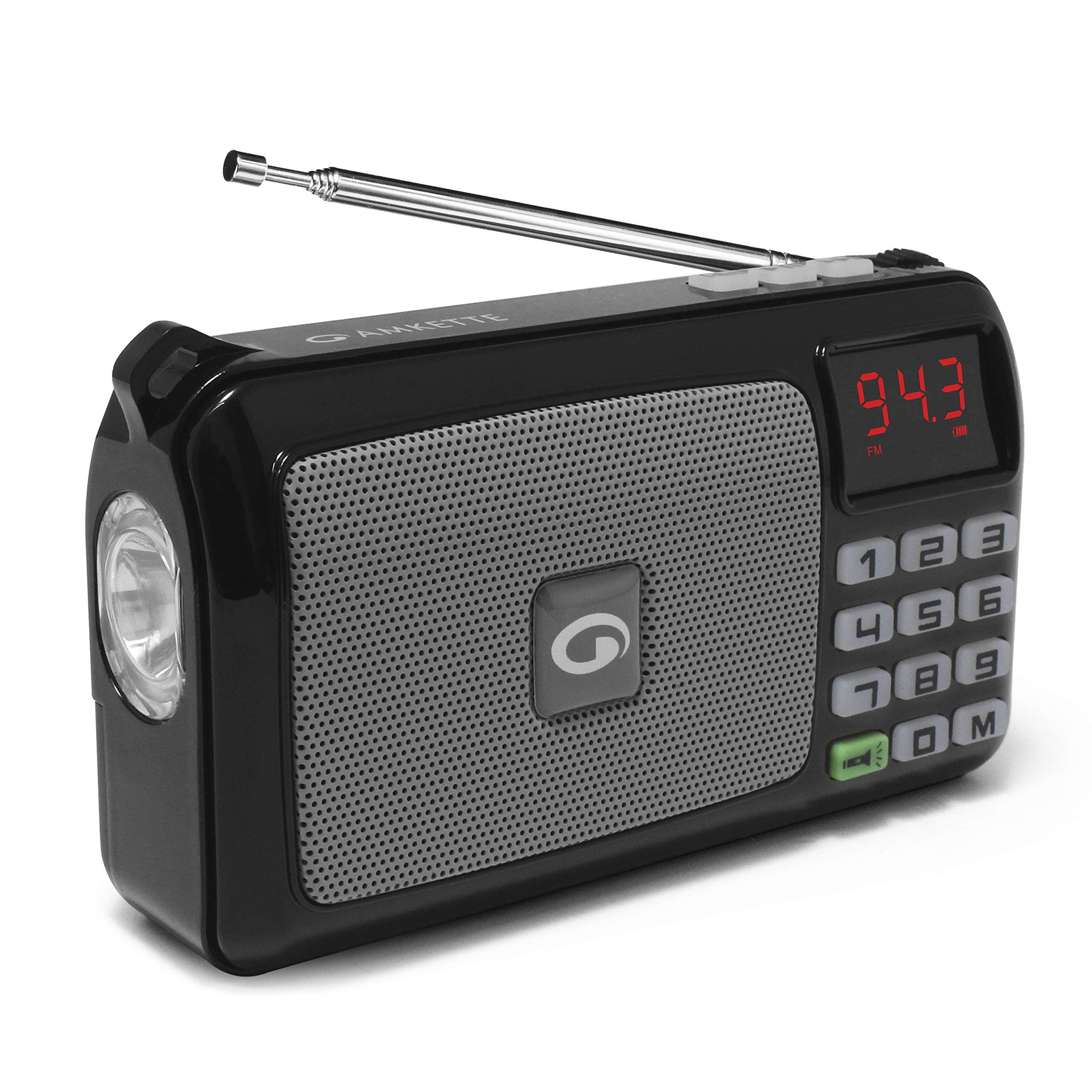 Amkette Pocket FM Portable Multimedia Speaker with Powerful Torch | USB, AUX, and SD Card Input | 12 Hours Playback | Digital Clock | External FM Antenna (Black)