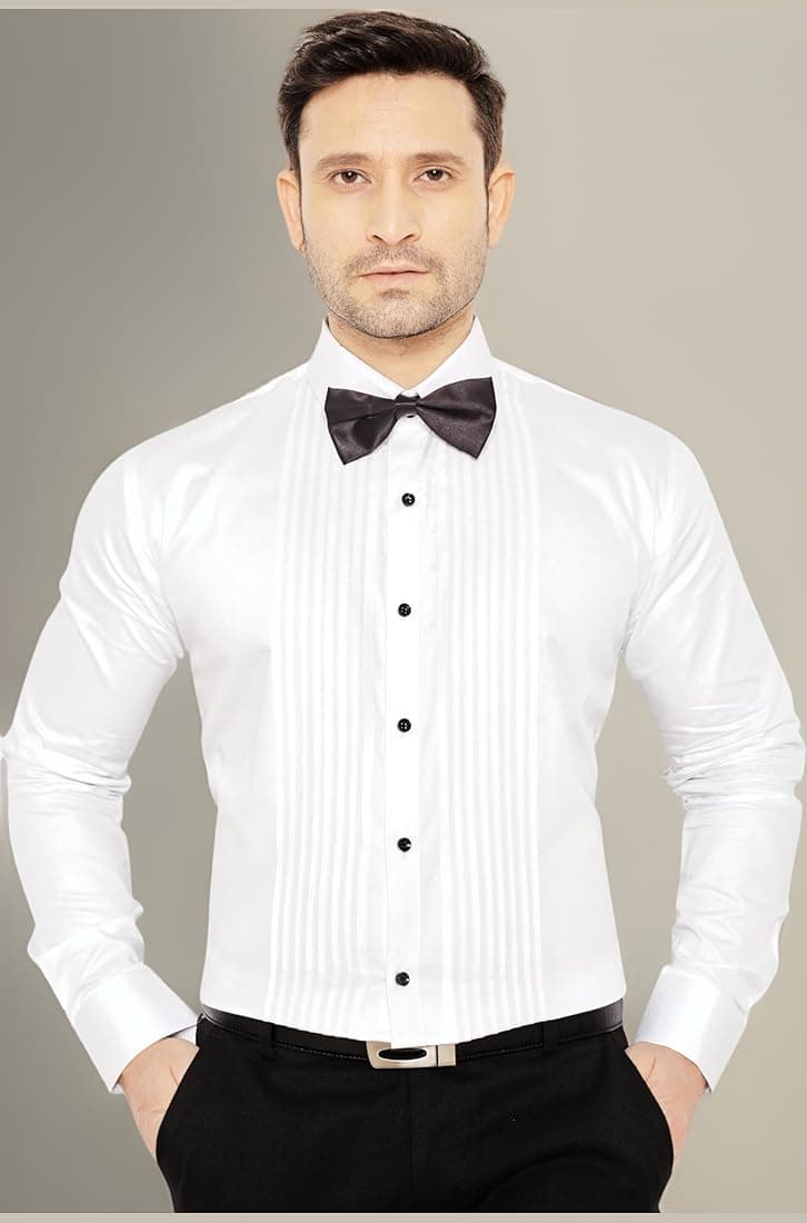 GLOBALRANG Men's Long Sleeve Cut Away Collar White Tuxedo Shirt with Bow Tie