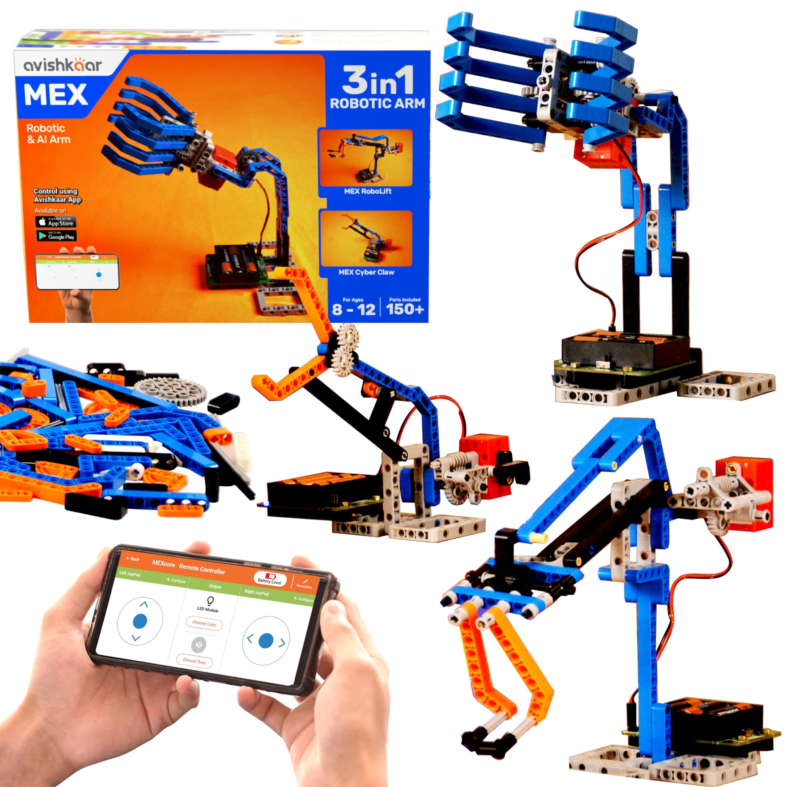 Avishkaar MEX Robotic ARM 3-in-1 DIY Robotics & AI Science Kit, Robot Toys for Aged 8,9,10,11,12, Building and Construction Set with 150+ Parts, DIY S...