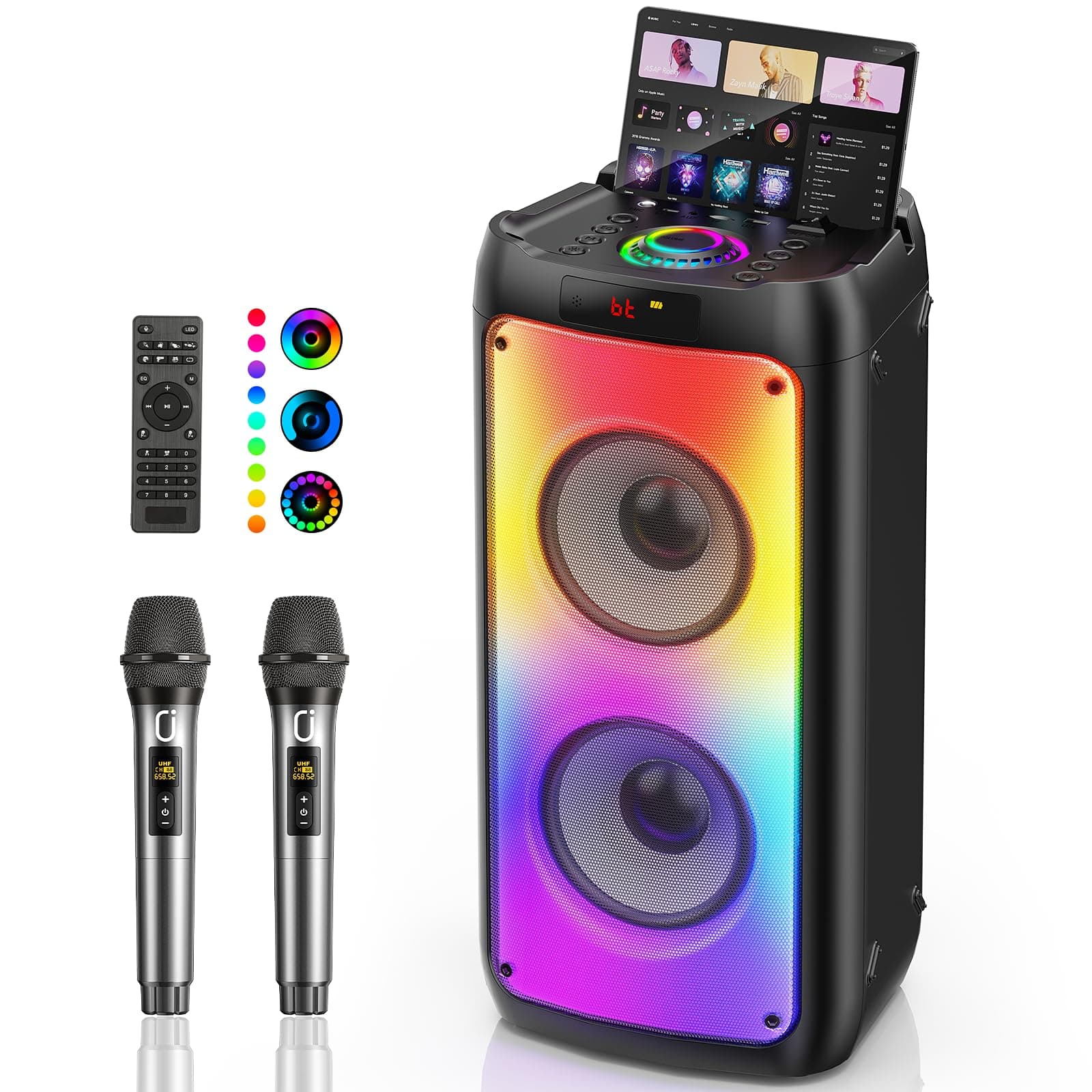 JYX Party Pop Speakers with 2 Wireless Microphones, Portable Bluetooth Box Speaker for Adults & Kids, Big Karaoke Speaker Set with Mic System Disco Li...