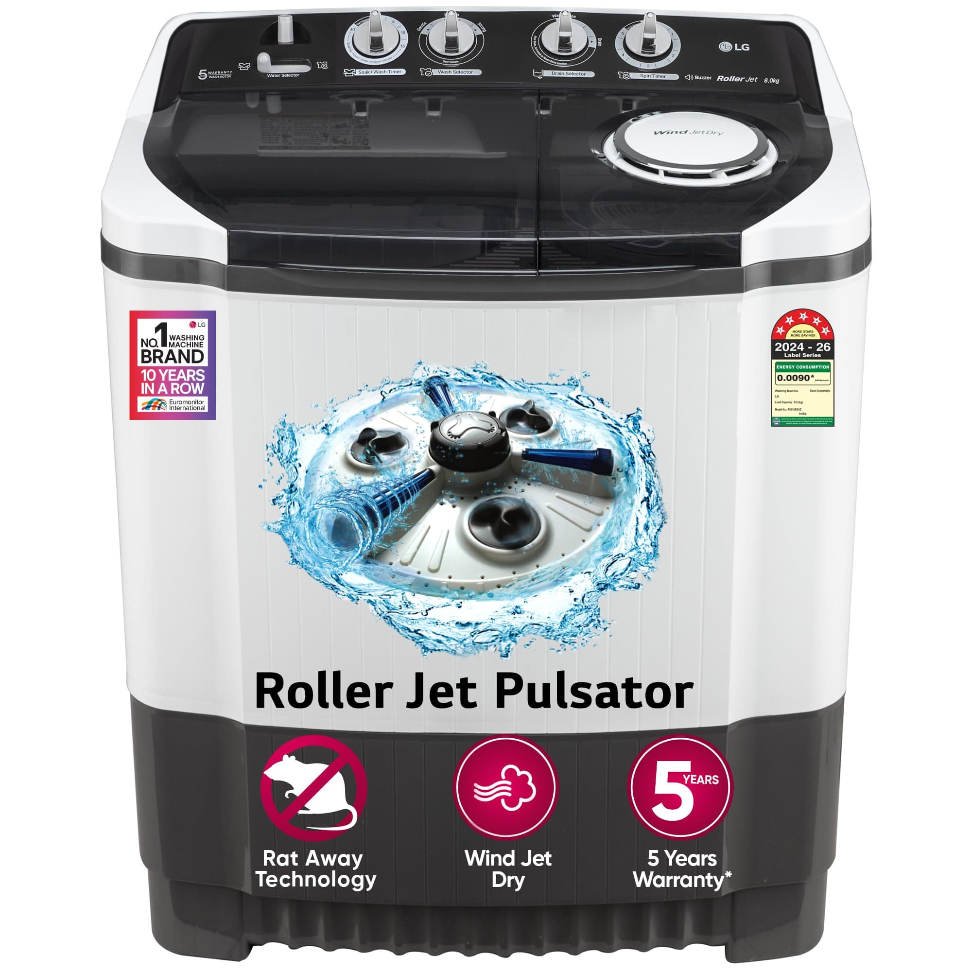 LG 8Kg Semi Automatic Washing Machine, Roller Jet Pulsator + Soak, (P8015SGAZ,Dark Gray)
