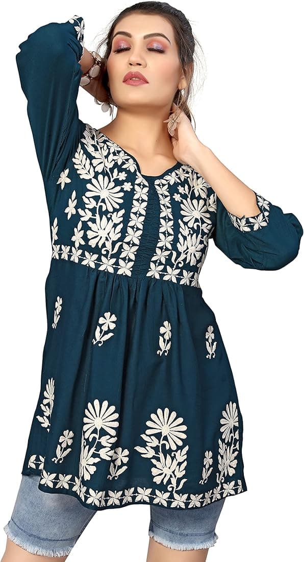 Bee M Pee Designer Short Kurti Tops for Jeans for Women I Chikankari Rayon Cotton Long Kurta Kurti for Women I Stylish wear Kurti top for Girls