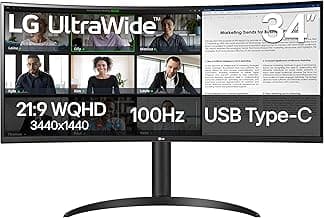 LG 34WR55QK-B 34" UltraWide WQHD (3440 x 1440) Curved Computer Monitor, 100Hz, 5ms, HDR10, Reader Mode, HDMI, DisplayPort,...