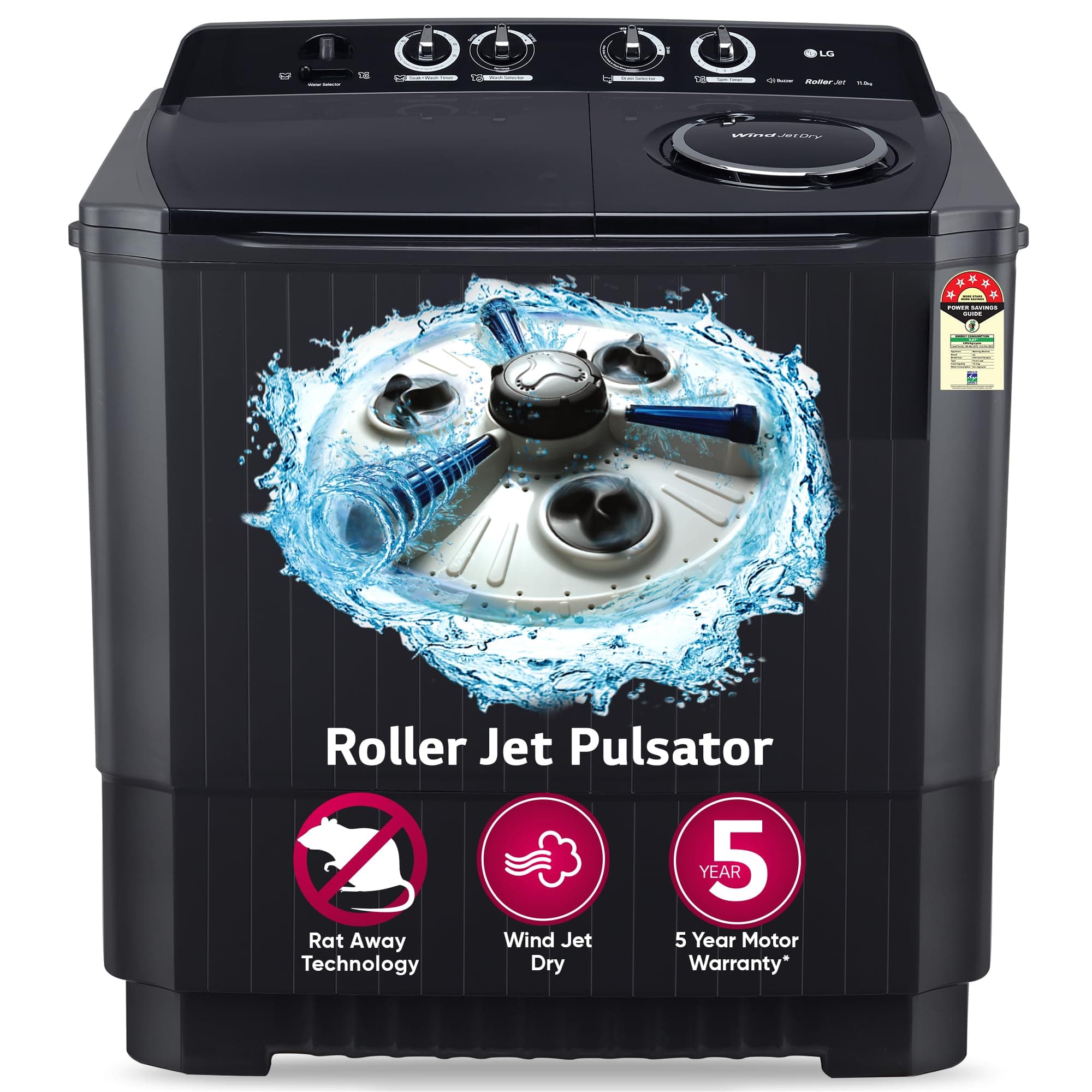 LG 11 kg 5 Star Semi-Automatic Top Loading Washing Machine (P1155SKAZ, Middle Black, Roller Jet Pulsator), large