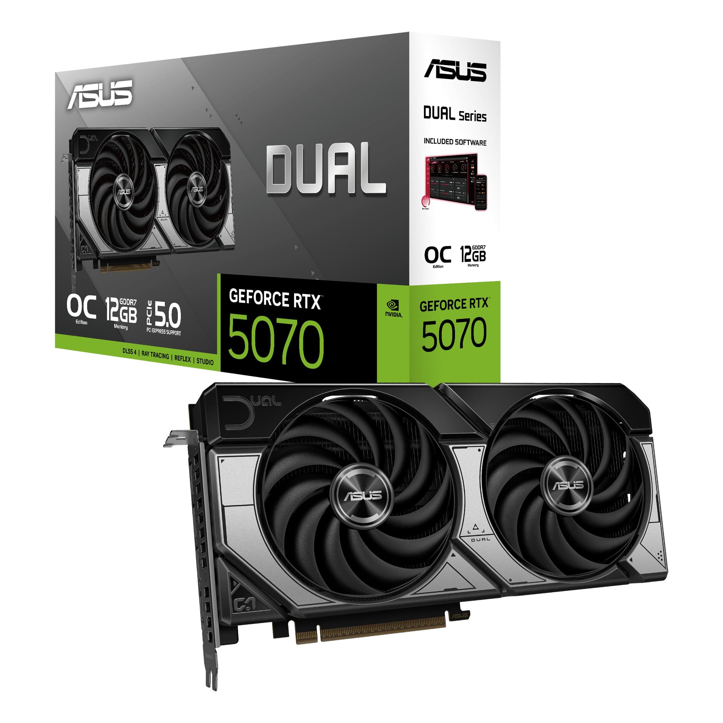 ASUS Dual GeForce RTX 5070 12GB GDDR7 OC Edition (PCIe 5.0, 12GB GDDR7, DLSS 4, HDMI 2.1b, DisplayPort 2.1b, Compact Dual-Fan Design, Axial-tech Fan D...