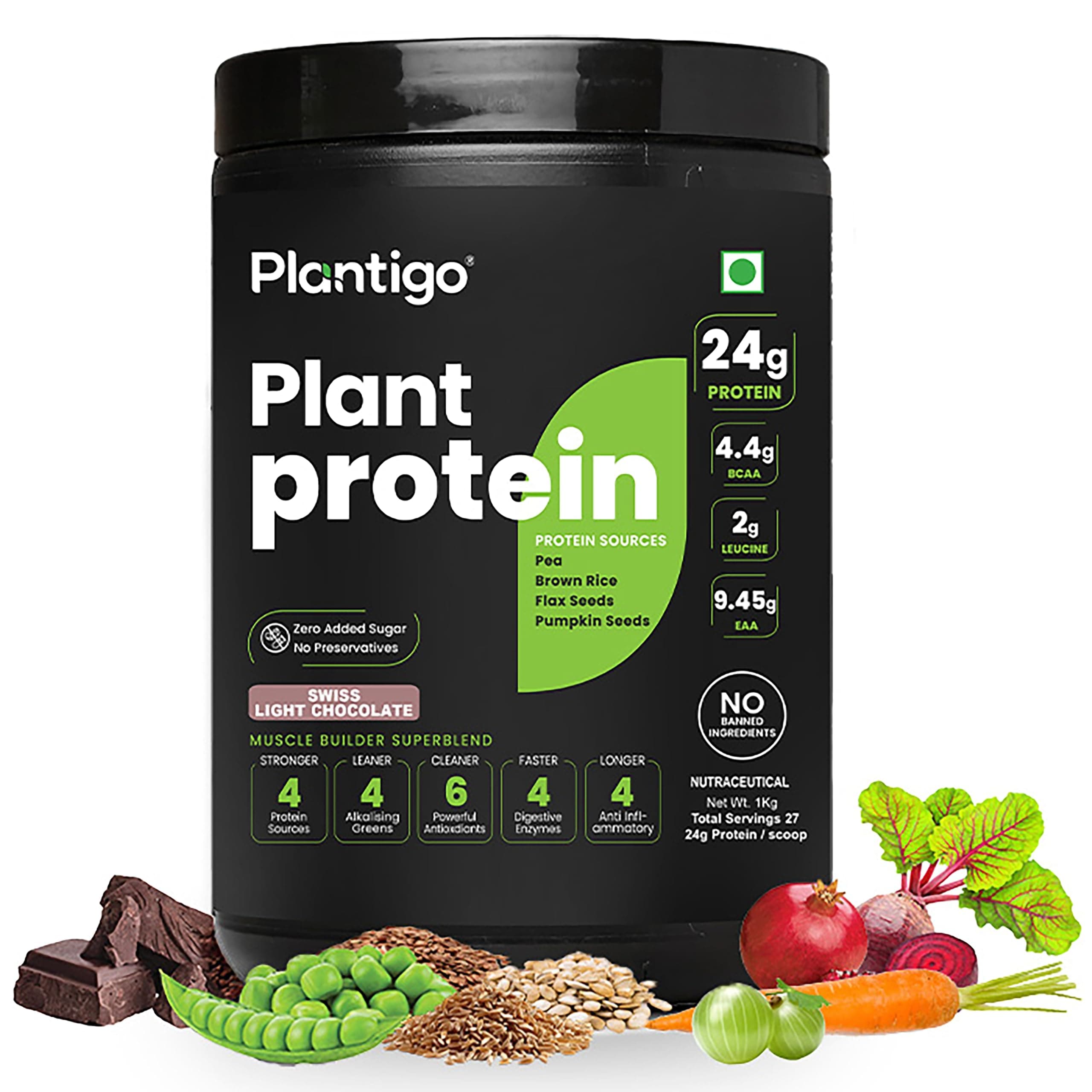 Plantigo Clean Plant Protein Powder | No Preservatives, No Banned Substances |Super Protein Blend- Pea, Brown Rice, Flax & Pumpkin | 21 SuperFoods Veg...