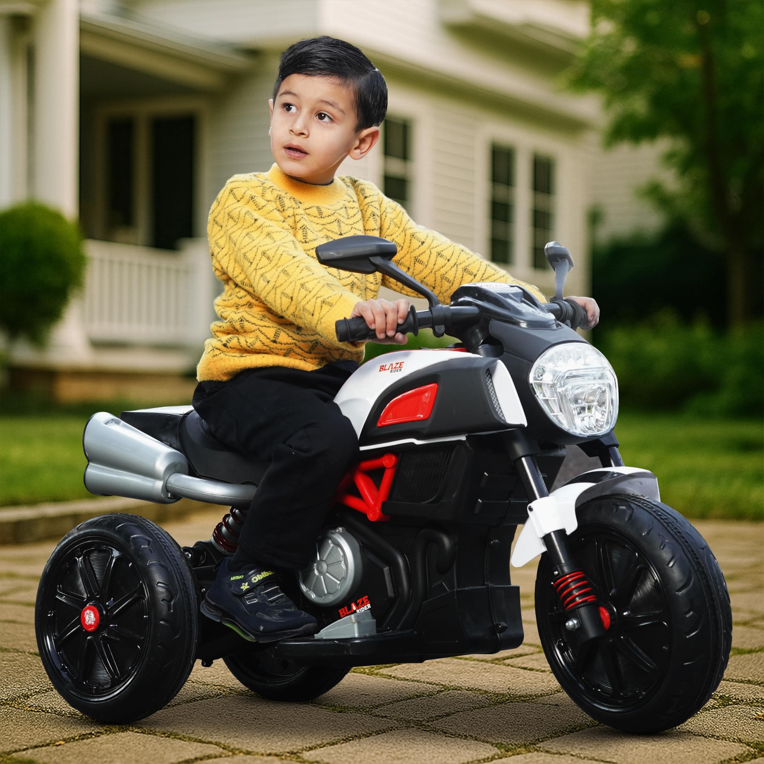 Kidsmate Blaze Rider Electric Bike for Kids for Age 3-7Y | 6V Dual Battery with USB/MP3 Player, LED Lights, Front & Rear Suspension | Easy-to-Carry Ha...
