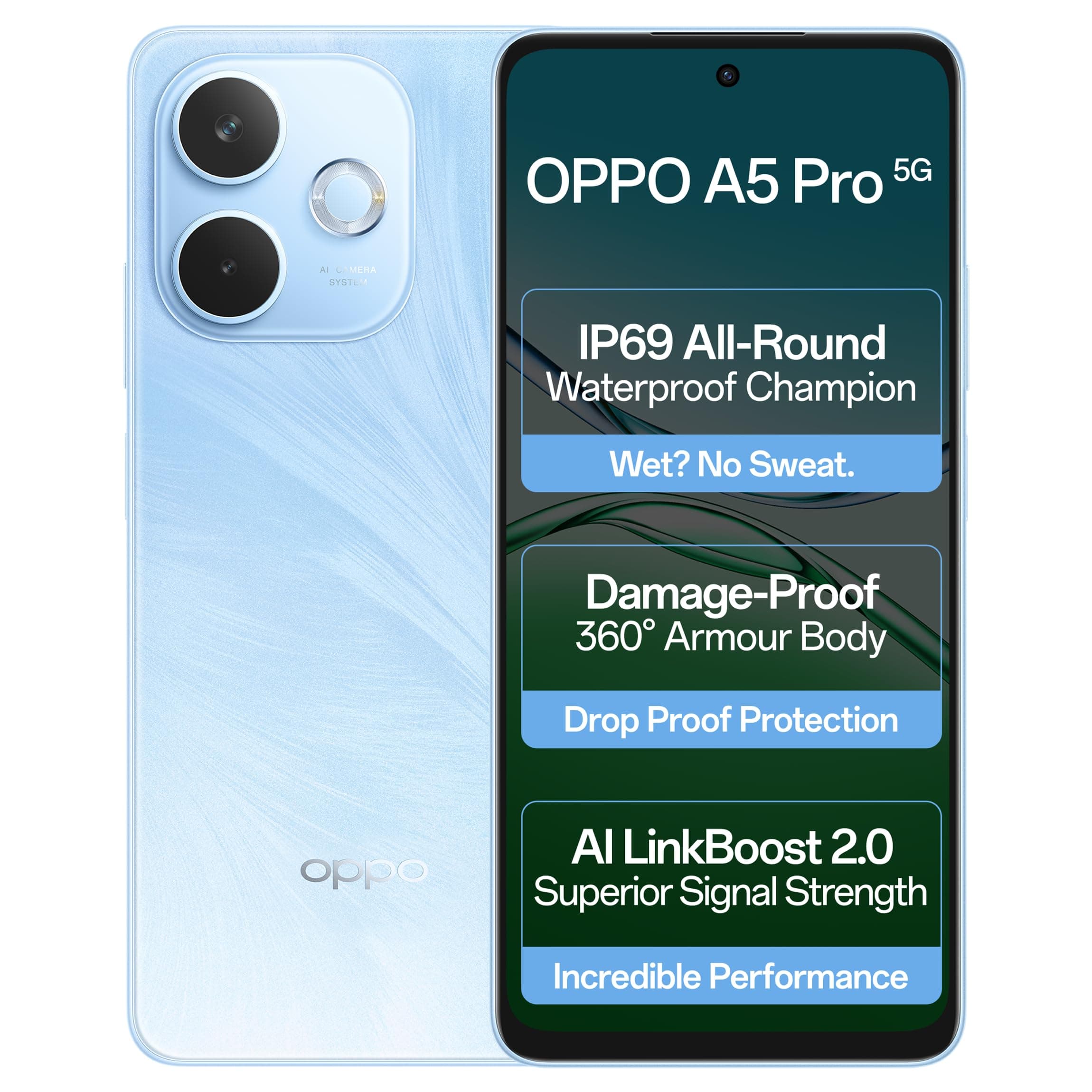 OPPO A5 Pro 5G (Feather Blue, 8GB RAM, 128GB Storage)|6.67 HD+ 120Hz Refresh Rate Screen | 45W SUPERVOOC|with No Cost EMI/Additional Exchange Offers