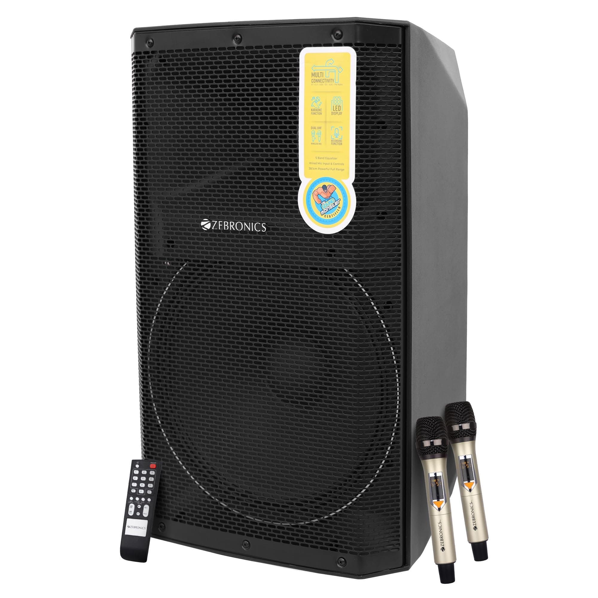 ZEBRONICS New Launch EPIC PLUS Party DJ Speaker, 480 Watts, Supports Bluetooth, USB, SD, AUX, Dual UHF Wireless MIC, Karaoke & Recording Function, Wir...