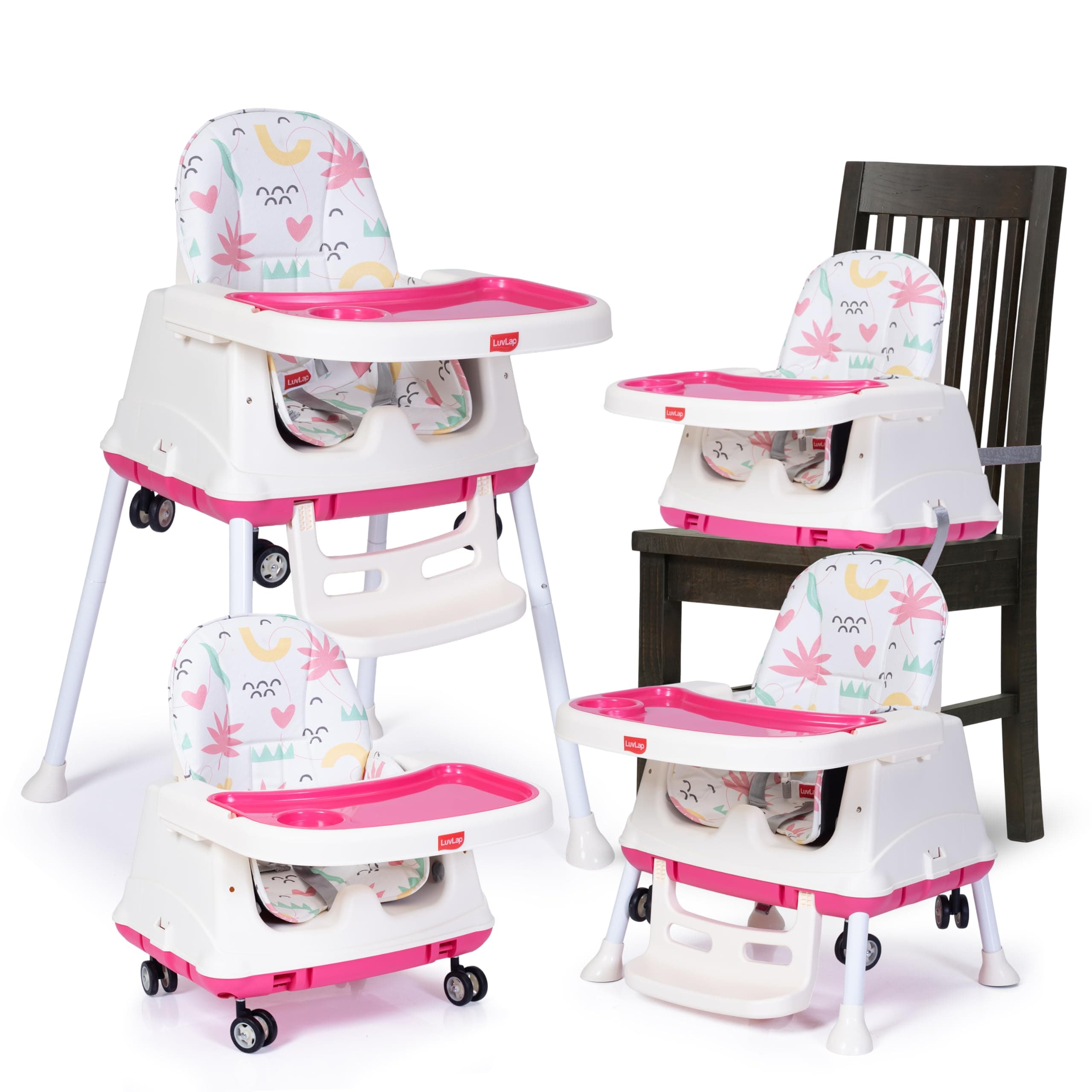 LuvLap High Chair for Baby/Kids, Toddler Feeding Booster Seat with Wheels, 3 Height adjustments, with Cushion, 6 Month to 3 Years, Portable (White)