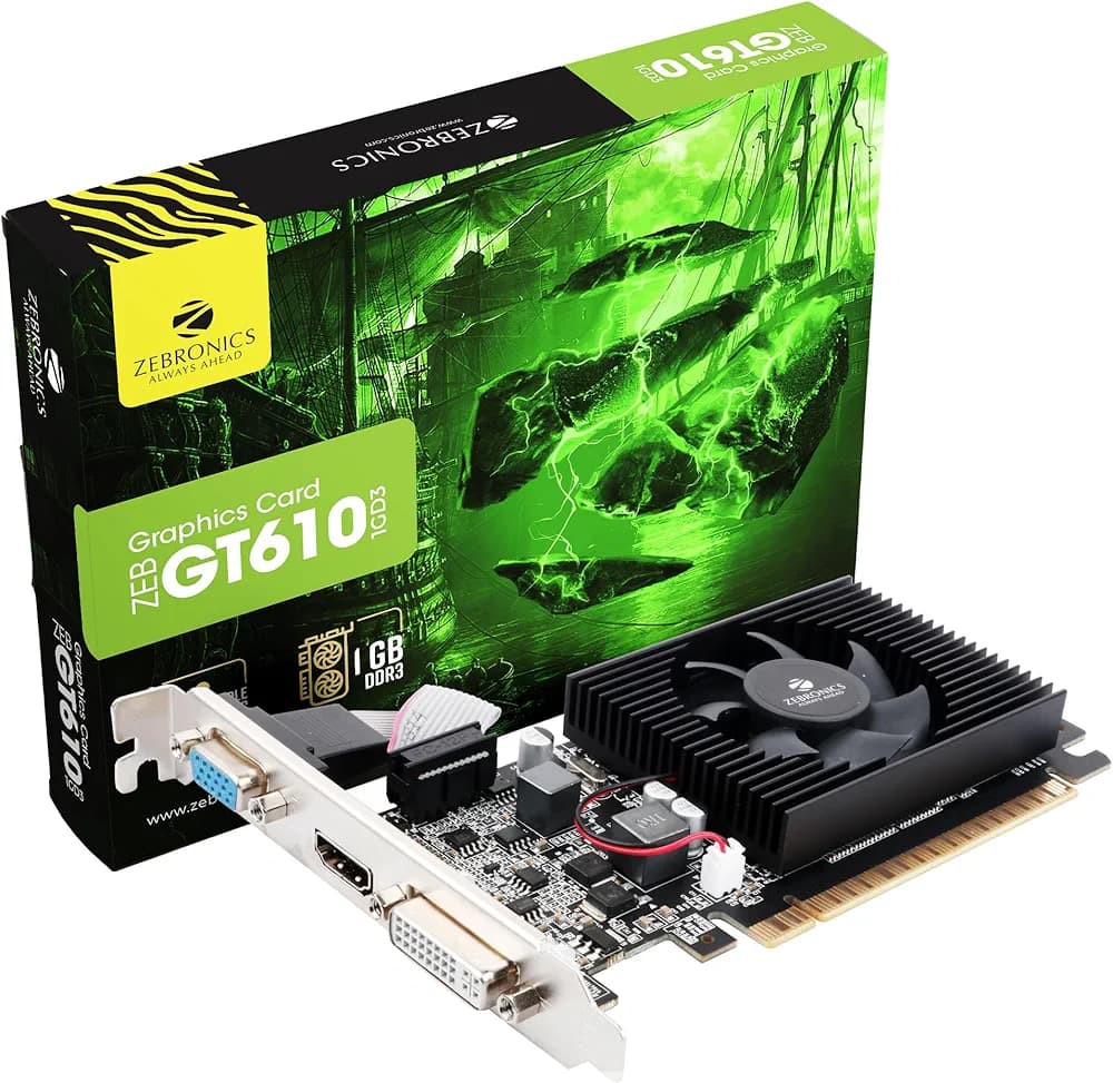 ZEBRONICS GT610 1GD3 with PCIe 2.0, Multiconnectivity HDMI DVI VGA, High Efficiency, Heatsink with Fan.