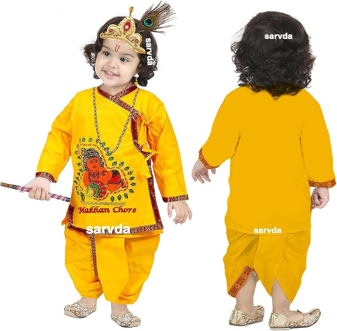 Sarvda Krishna & Radha Dress for kids with accessories Mukut Mor-Pankh Kundal Flute etc Janmashtami Costume for 1 2 3 4 5 6 7 8 Year Boy & Girls