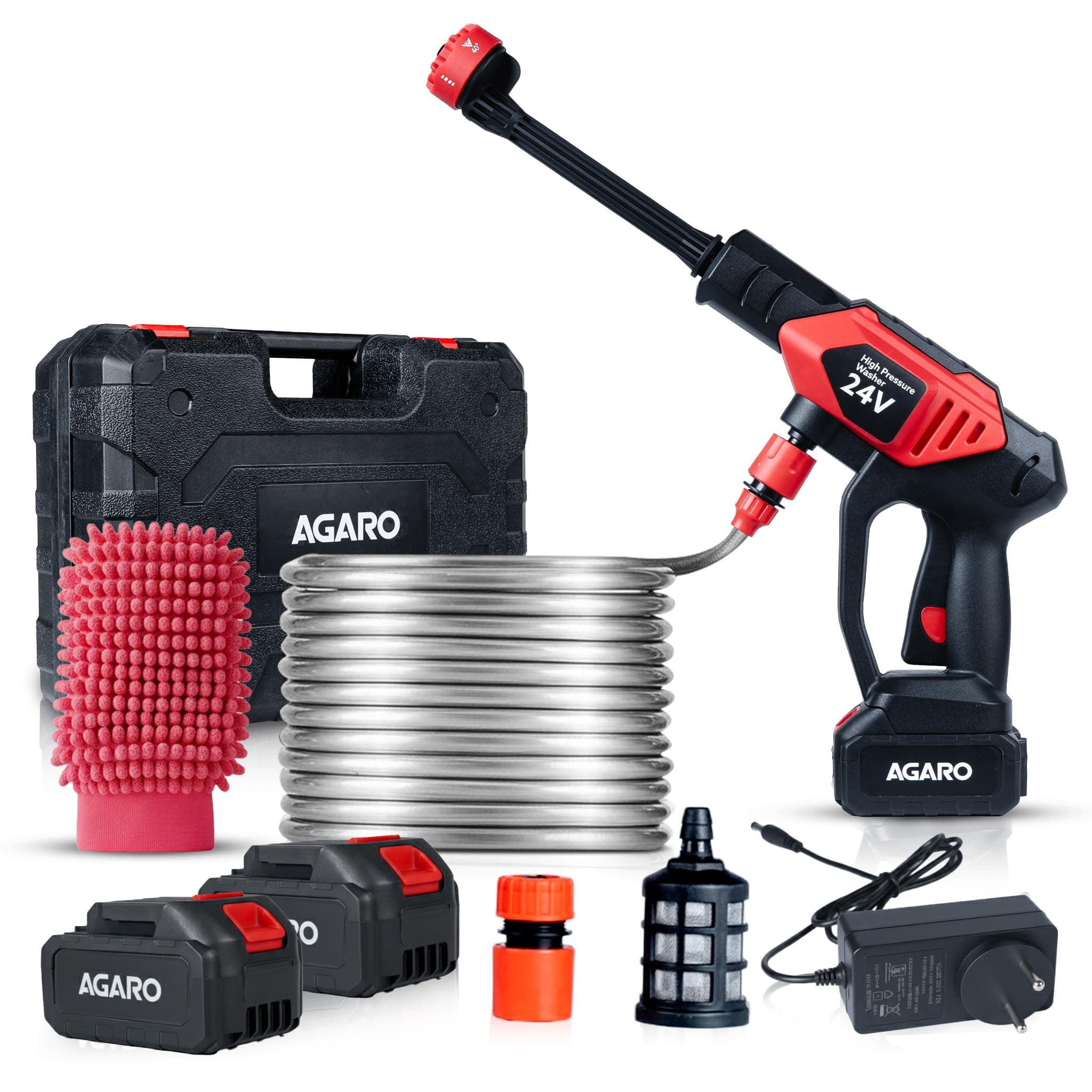 AGARO Marvel Cordless High Pressure Washer Gun | 24V Rechargeable Battery (2 x 1500mAh) | 110240V | 10 Bar | 6-in-1 Adjustable Nozzle | 5M Hose Pipe |...