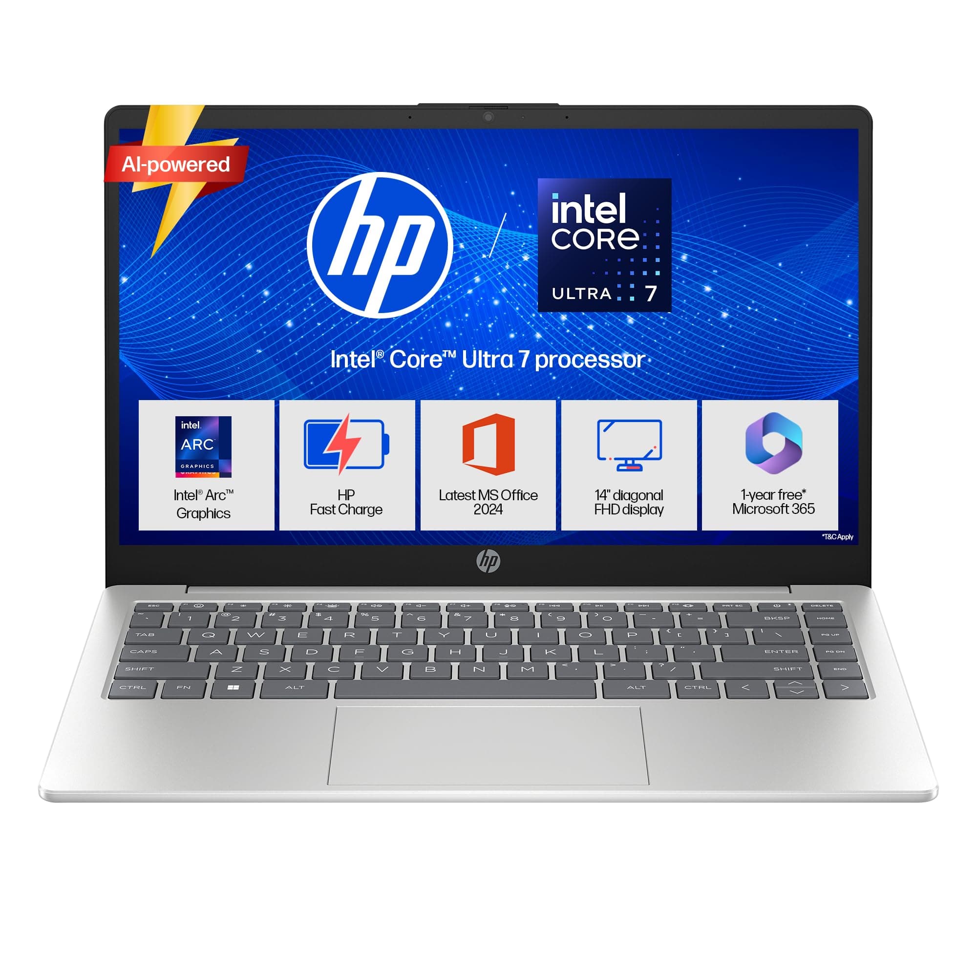 HP 14, Intel Core Ultra 7 155H (24GB DDR5, 1TB SSD), Micro-Edge, Anti-Glare, FHD, 14''/35.6cm, Win11, M365* Office24, Silver, 1.4kg, ep1181TU, FHD Cam...