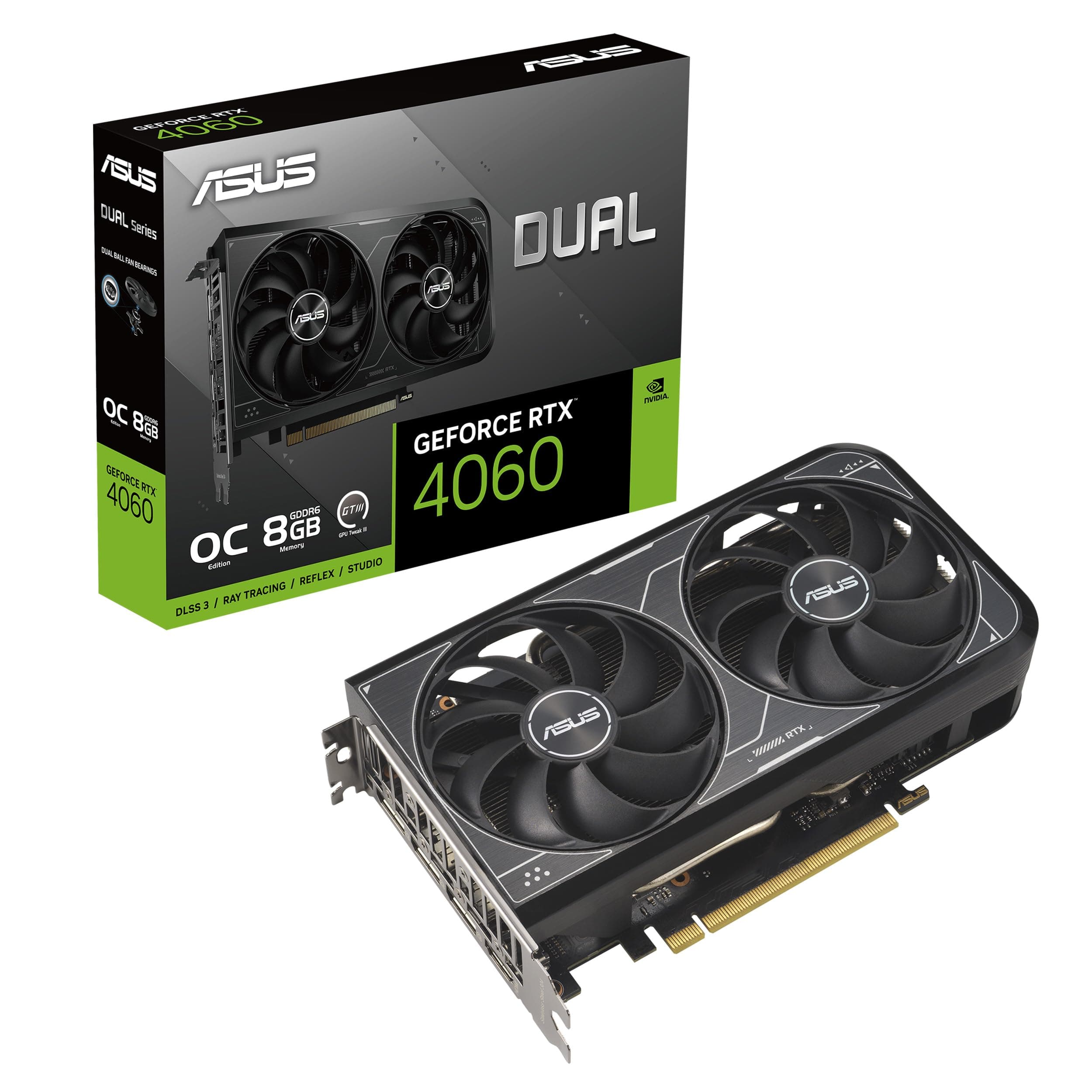 ASUS Dual GeForce RTX 4060 V2 OC Edition (PCIe 4.0, 8GB GDDR6, DLSS 3, HDMI 2.1a, DisplayPort 1.4a, 2-Slot Design, Axial-tech Fan Design, 0dB Technolo...