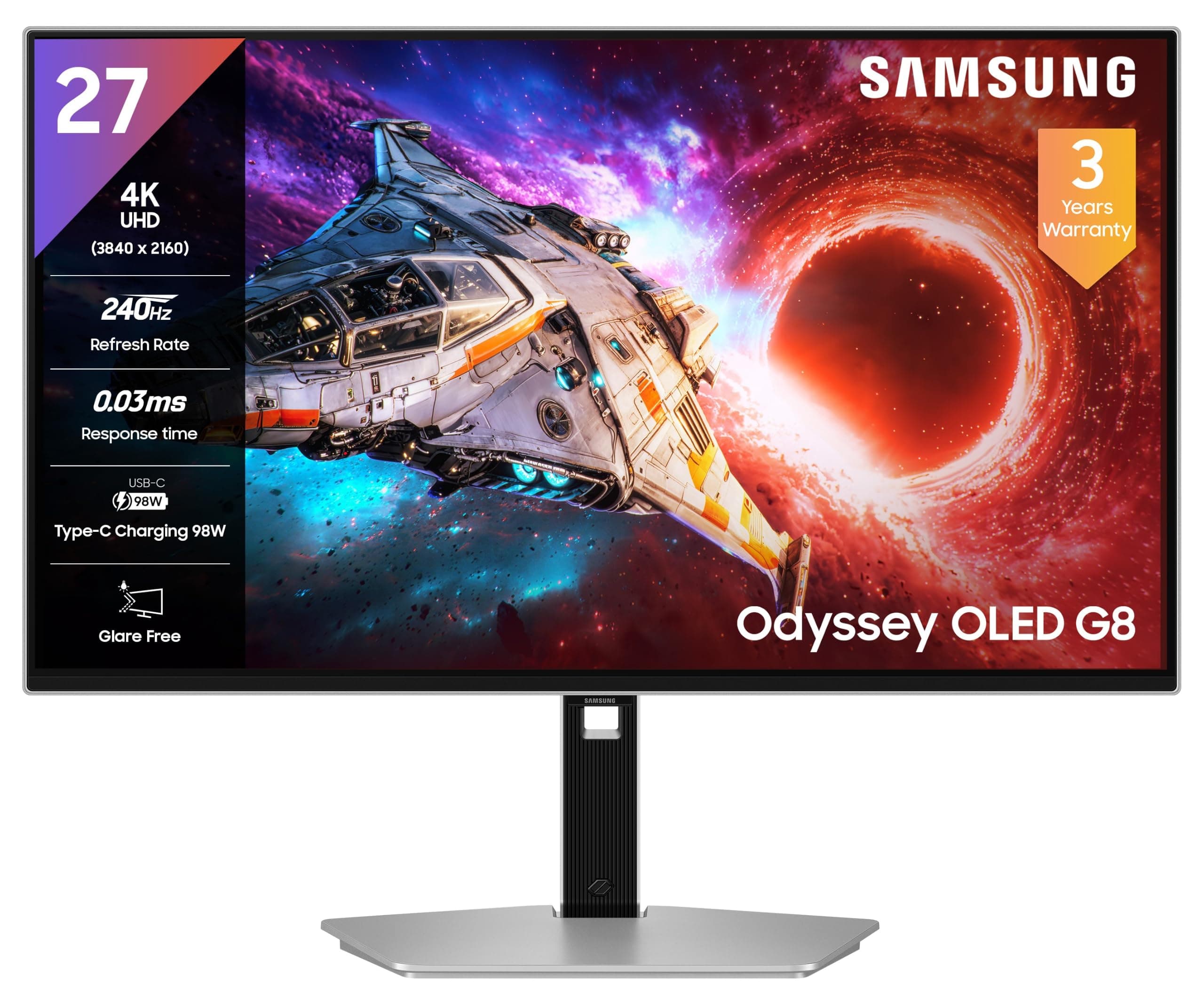 Samsung Odyssey OLED G8 Gaming Monitor (27") 4K UHD, 240 Hz, 0.03ms(GTG), G-Sync, FreeSync Premium Pro, DP, HDMI, USB Ports, Height, Tilt, Swivel, Piv...