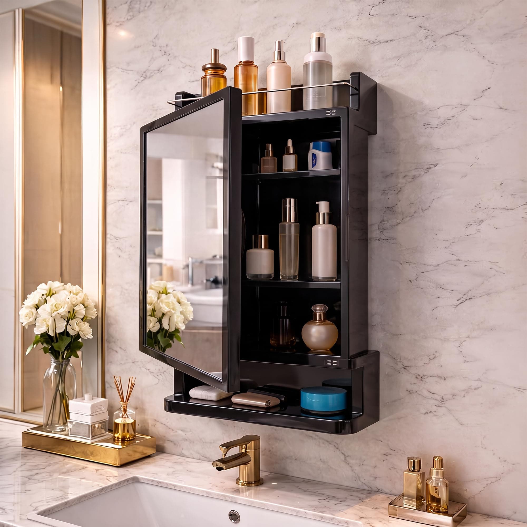HOUZA Wall Mounted Bathroom Cabinet with Mirror, Strong Plastic Storage Organiser, Multipurpose Space-Saving Unit, Prime Look, Bathroom Shelves Design...