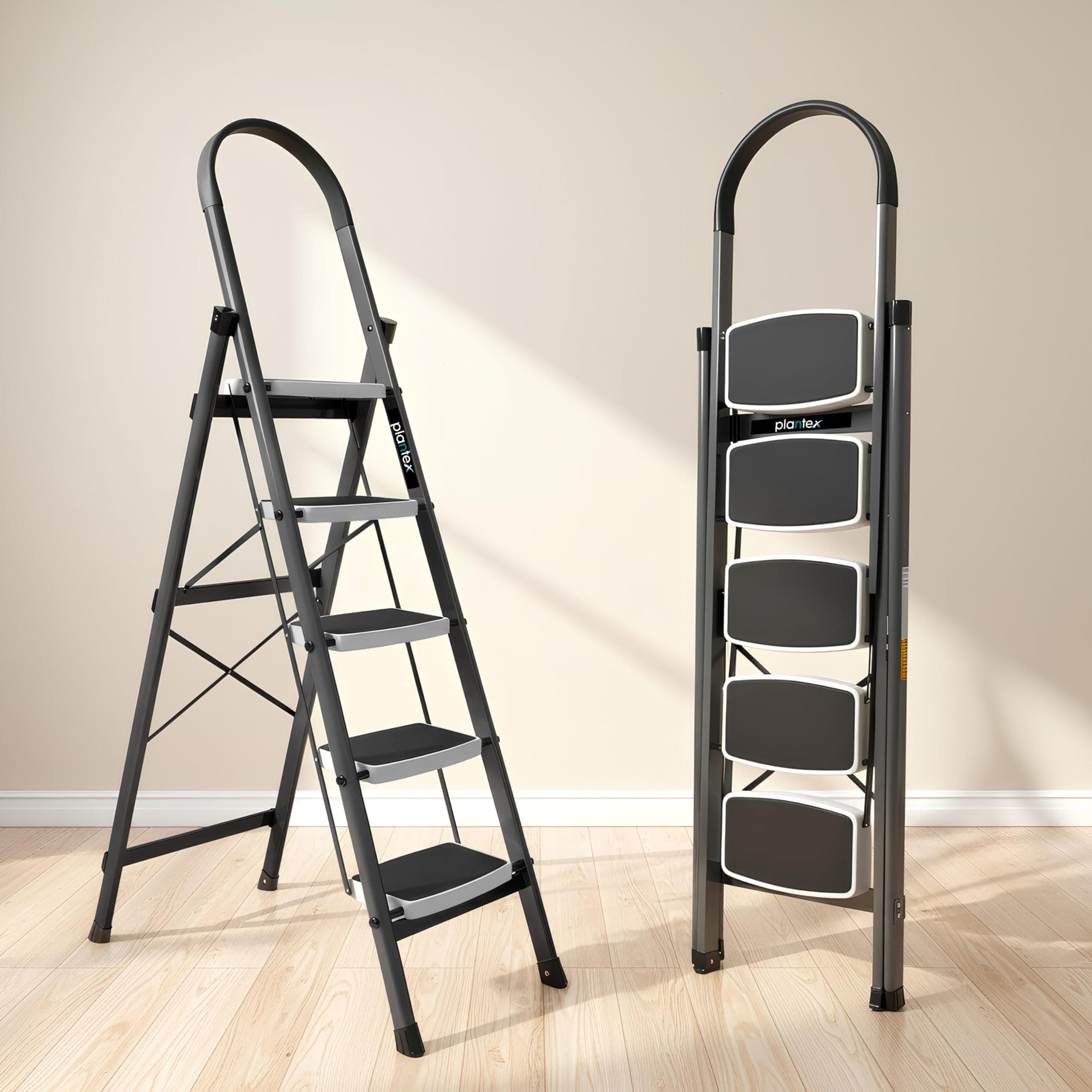 Plantex High Grade Steel Folding Ladder for Home/Ladder 5 Steps for Home use-Anti Skid Steps(Gray & White)