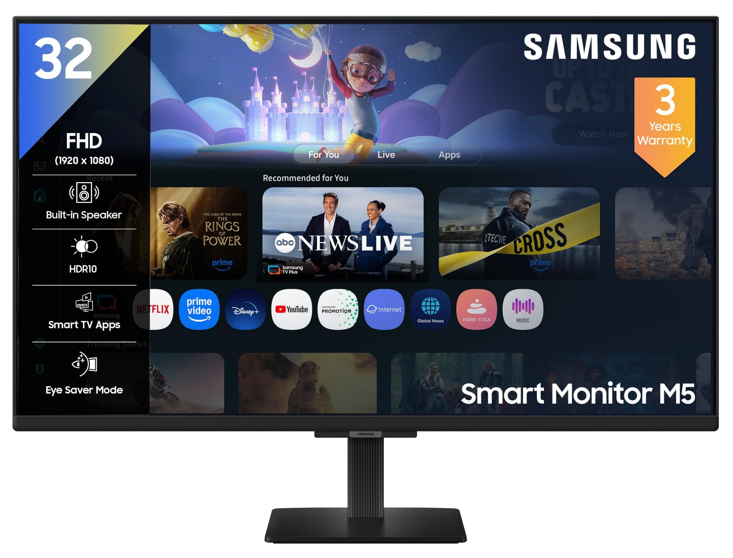 Samsung 32" (80cm) M5 Smart Monitor with Smart TV Experience|FHD 1920 x 1080|Screen Mirroring TV Plus|Speakers|Adaptive Sound|Wi-Fi|HDMI|Bluetooth|LS32FM500EWXXL|Black