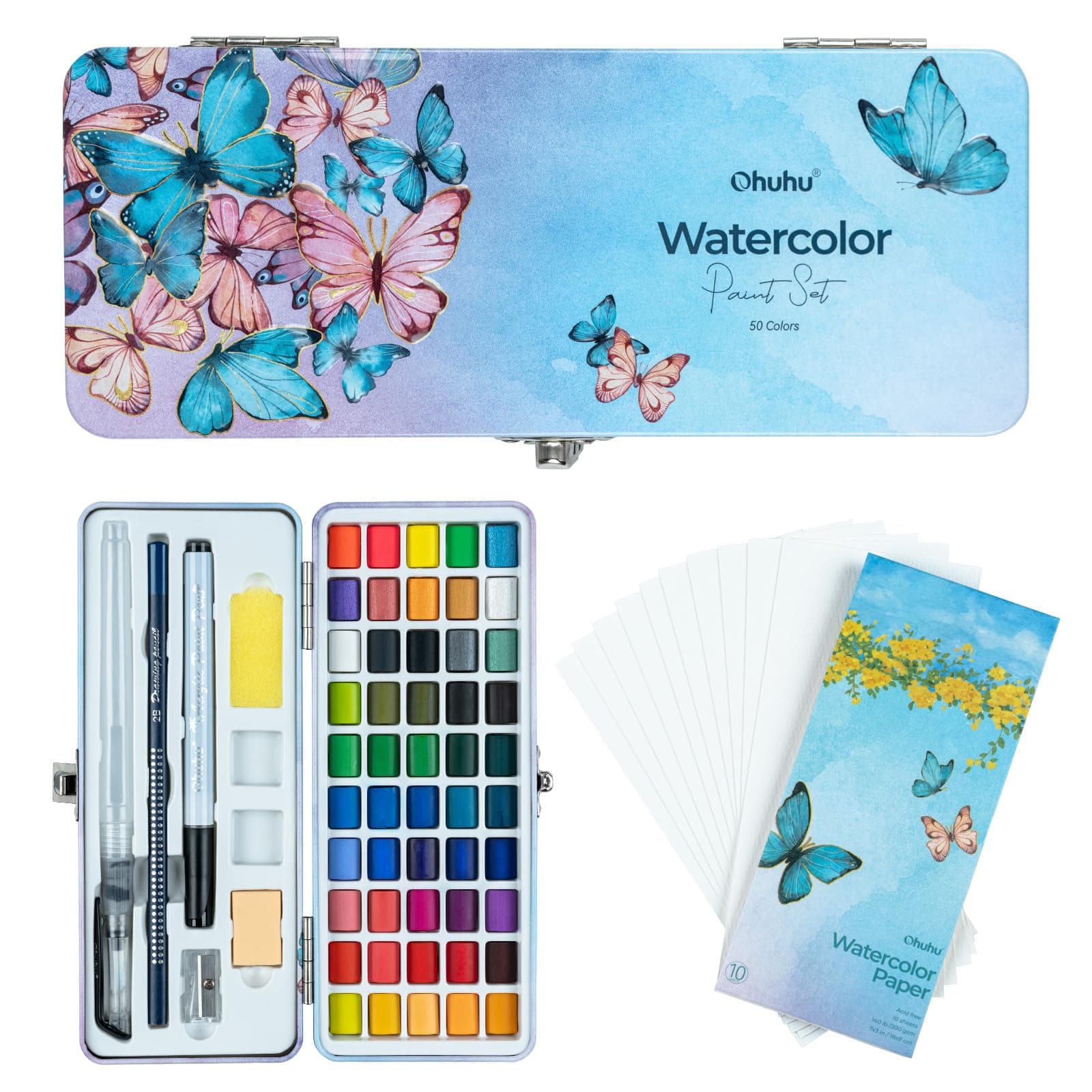 Ohuhu Watercolor Travel Paint Set, 50-color Portable Watercolor Kit for Outdoors with Watercolor Papers, Brush Pen, Acrylic Pen, Pencil and Accessorie...