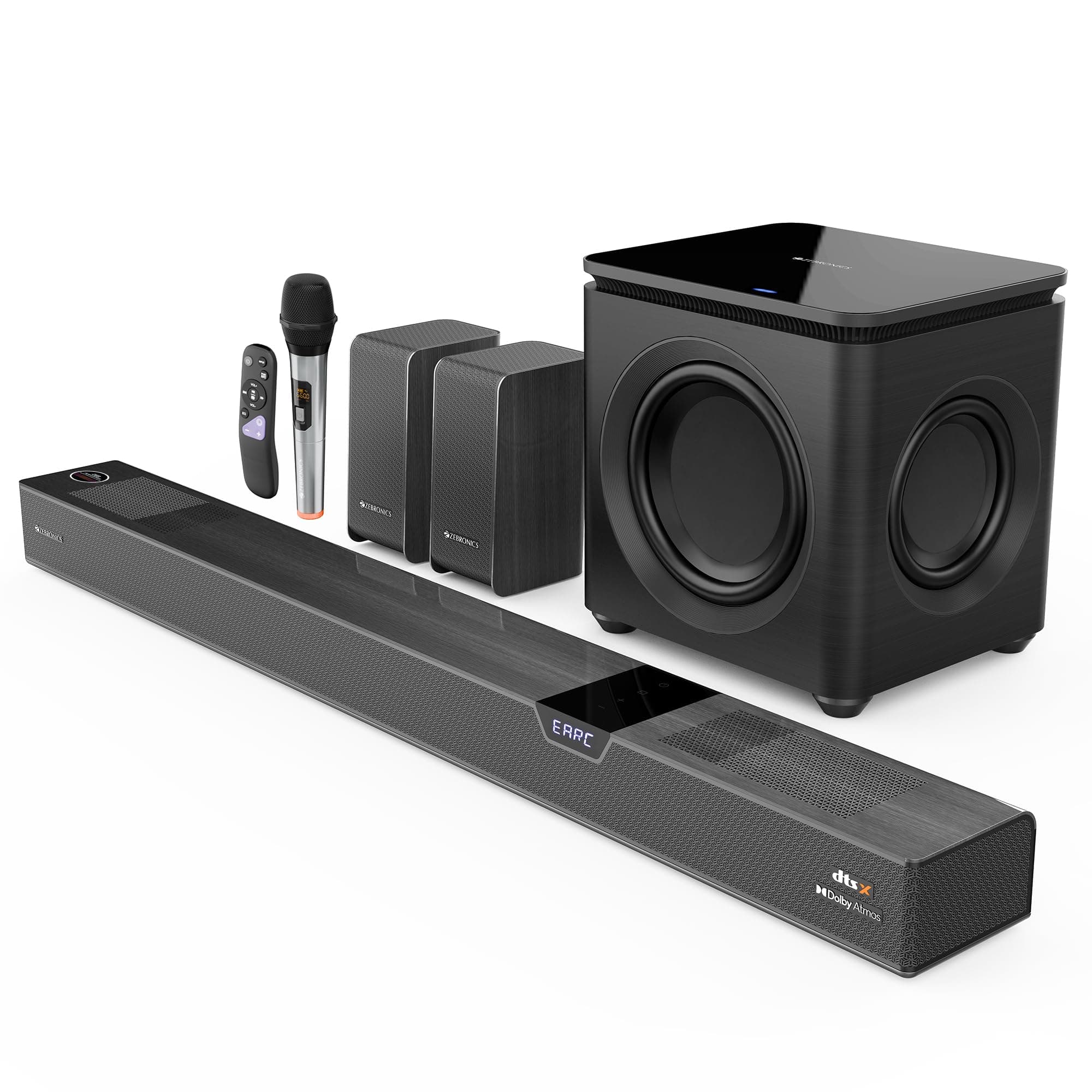 ZEBRONICS 1100 Watts Powerful Soundbar, 7.2.4 Home Theatre, Wireless (Dual Satellites + Dual Driver Subwoofer) Dual Radiators, DTS X, Dolby Atmos, Kar...