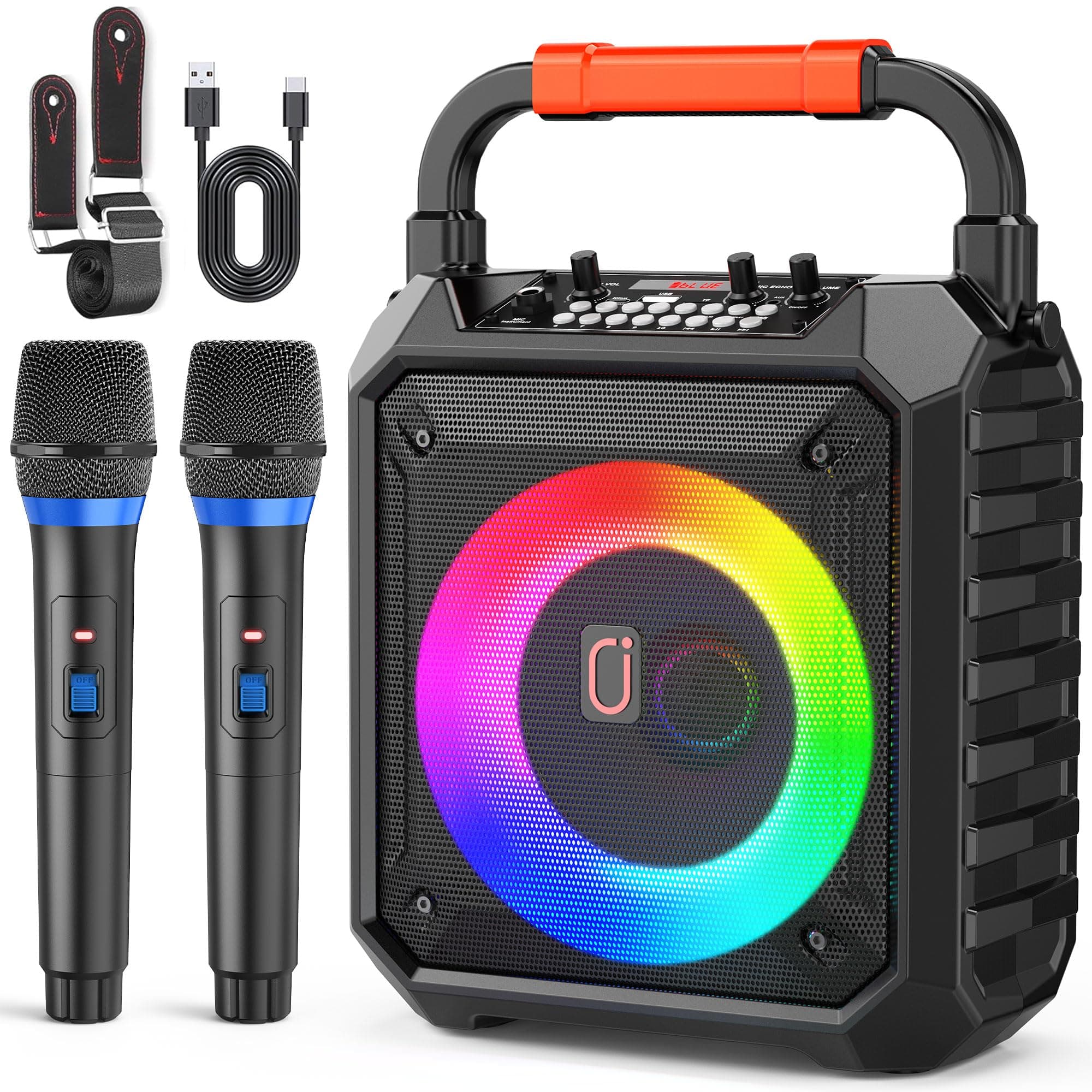 JYX Karaoke Machine with Two Wireless Microphones, Portable Bluetooth Karaoke Speaker with LED Lights for Kids and Adults, PA System Speaker Supports ...