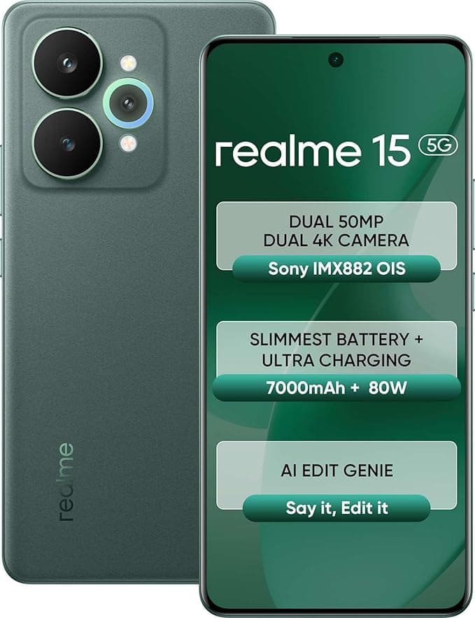 realme 15 5G (Velvet Green, 8GB RAM, 128GB Storage) | 6.8" FHD+ LCD 120Hz | 50MP Triple AI Camera | 50MP Selfie | Dimensity 7300+ 5G | 7000mAh | 80W Fast Charging | Android 15 | Dual SIM