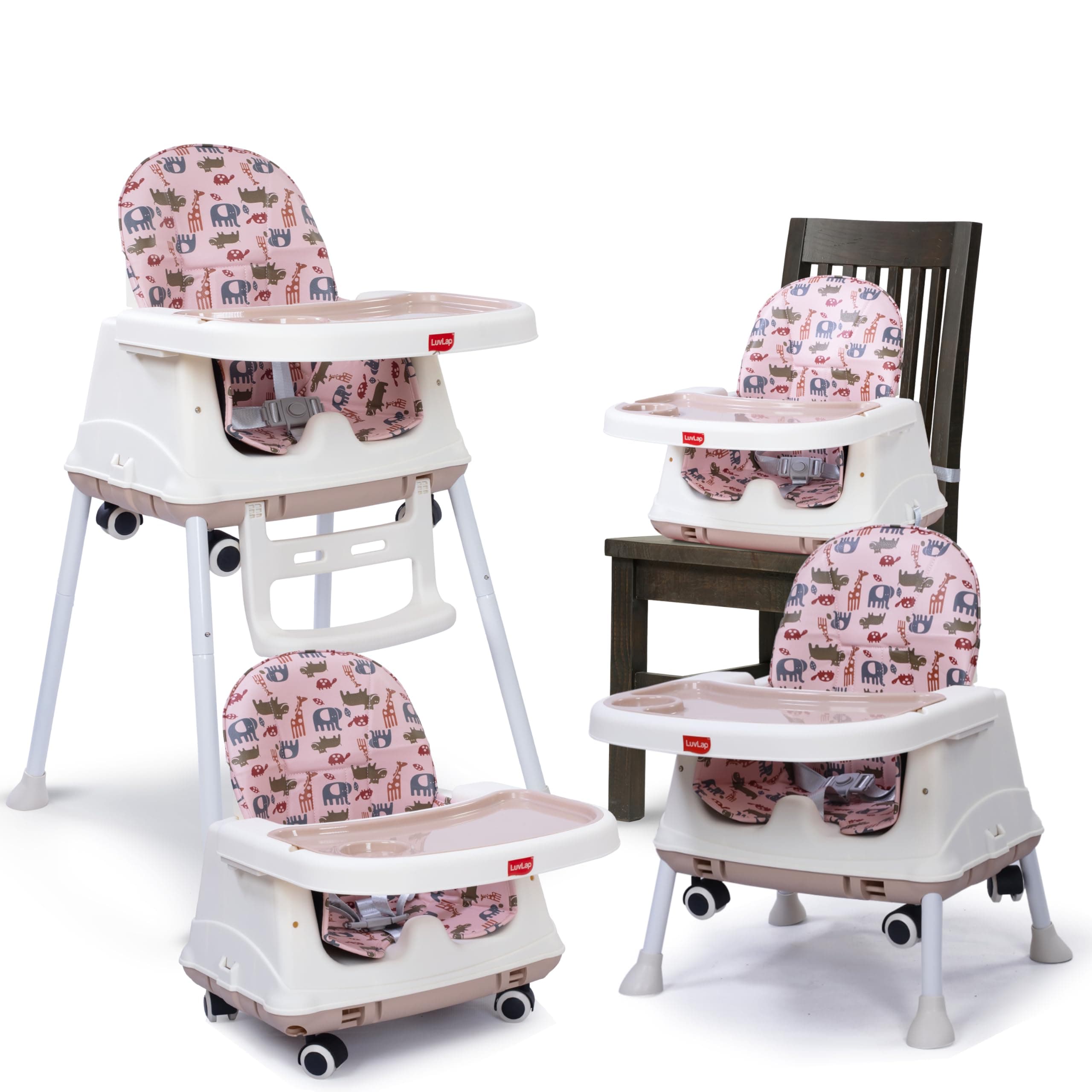 LuvLap 4in1 High Chair for Baby/Kids, Toddler Feeding Booster Seat with Wheels, 3 Height adjustments, with Cushion, 6 Month to 3 Years, Portable (Pink