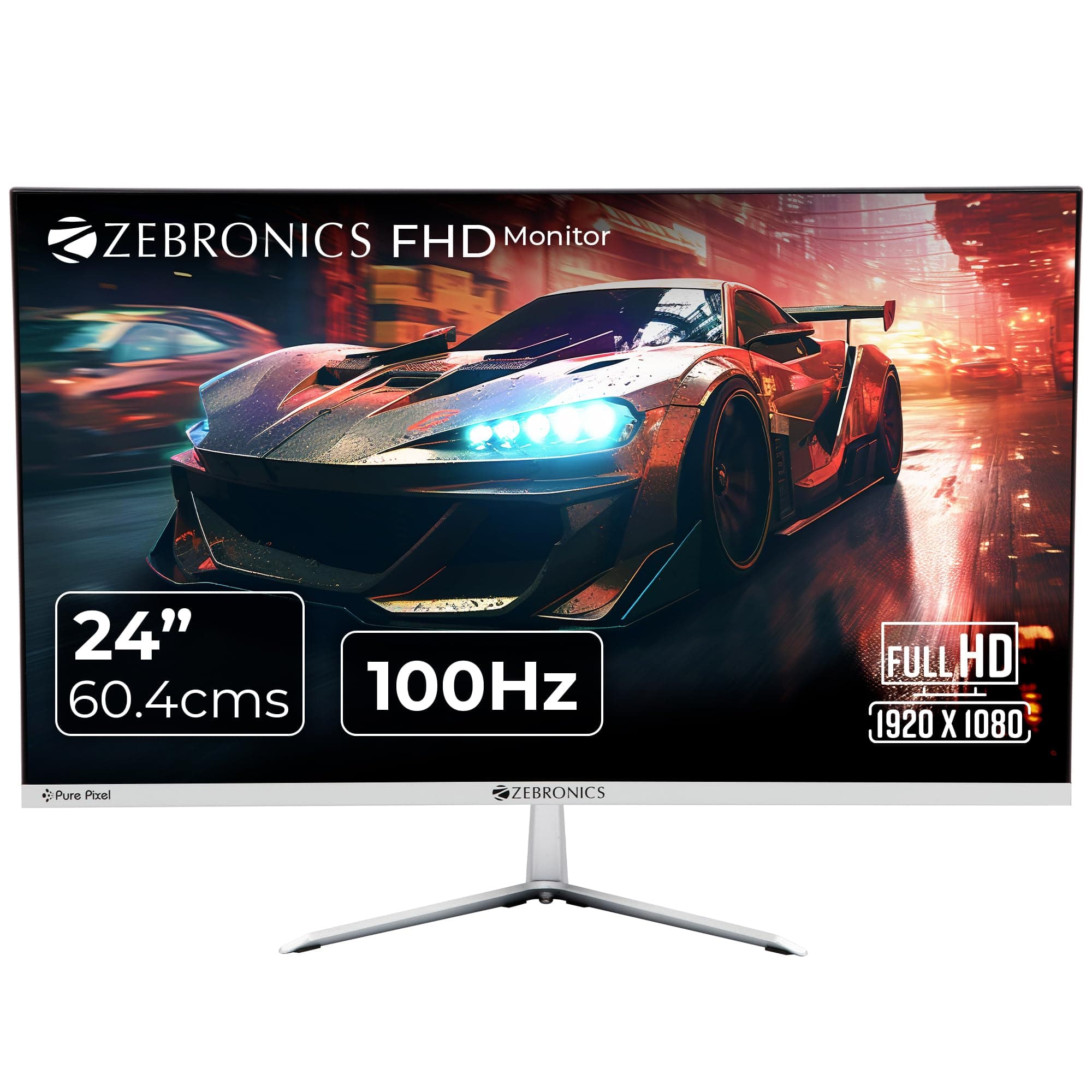 Zebronics ZEB-A24FHD Ultra Slim LED Monitor with 60.4cm (24”) Wide Screen, Full HD 1920x1080, 75Hz Refresh Rate, HDMI, VGA, 250cd/m² Brightness, Built in Speaker and Wall mountable Design