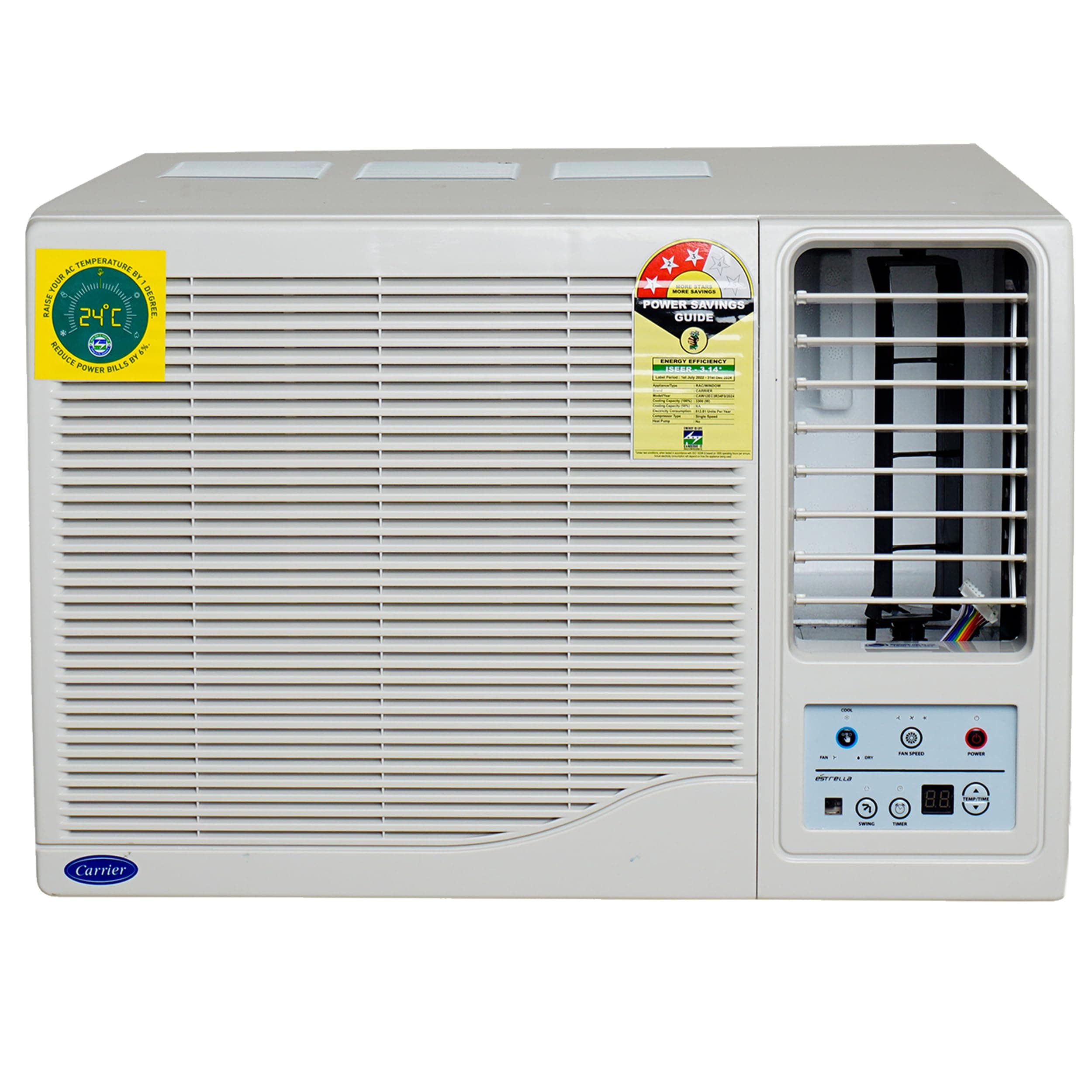 Carrier 1Ton 3 Star Window Fixed Speed AC(Copper, Dust Filter & Turbo Mode, 2024 Model, Estrella Ex,CAW12EC3R34F0,White)