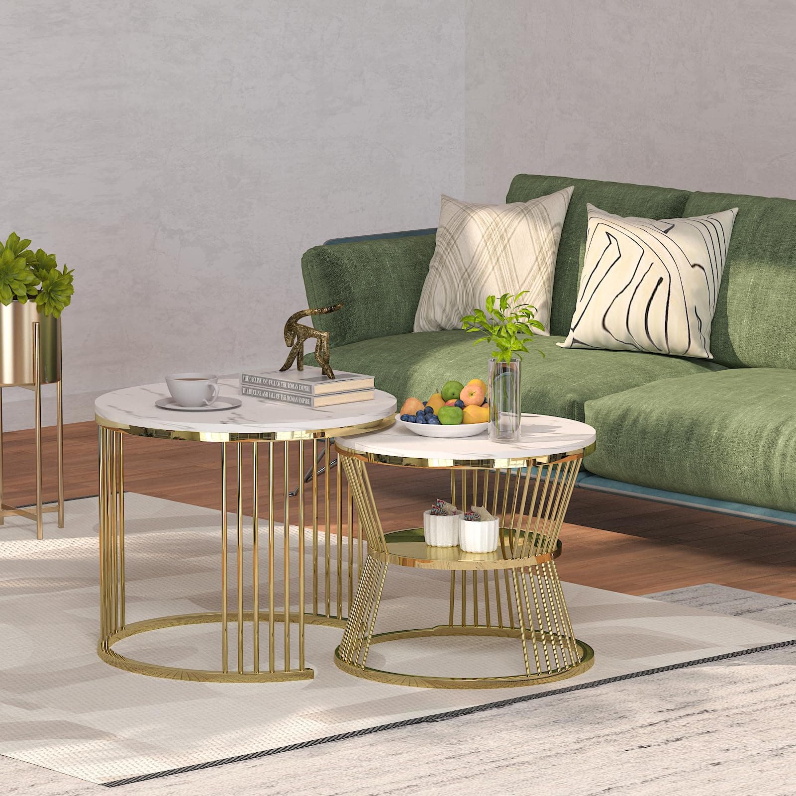 Callas Modern Nesting Coffee Table Set of 2 with Marble Finish Top and Gold Metal Frame | Round Living Room Center Table for Sofa Side Home Decor (White, CT-03)