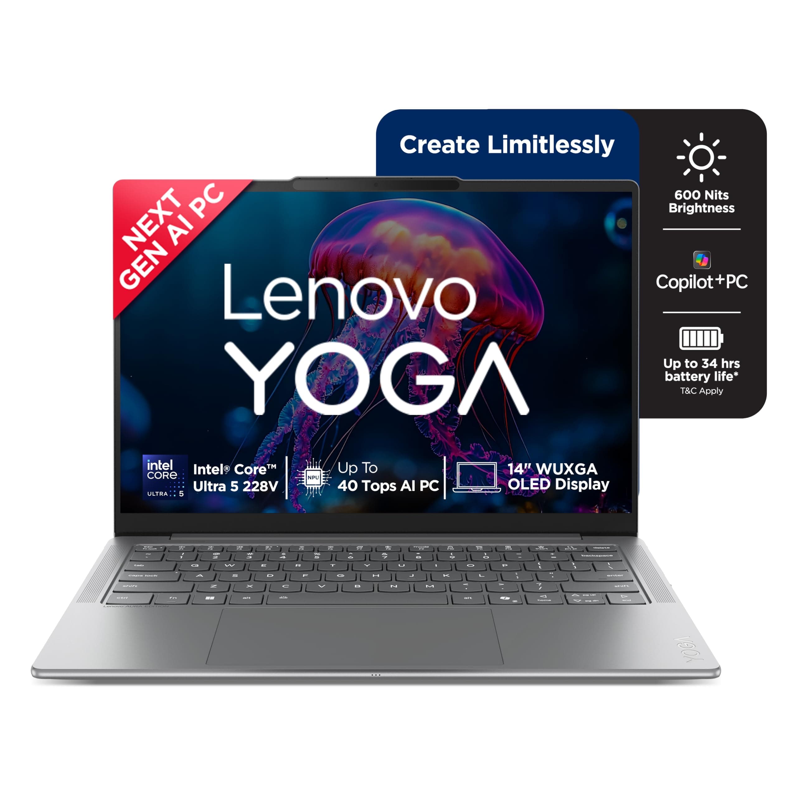 Lenovo Yoga Slim 7 Aura Edition Intel Core Ultra 5 228V,Copilot+ AI PC(32GB RAM/1TB SSD/14(35.5cm) WUXGA OLED AI Now/40 Tops/Windows 11/Office Home 20...