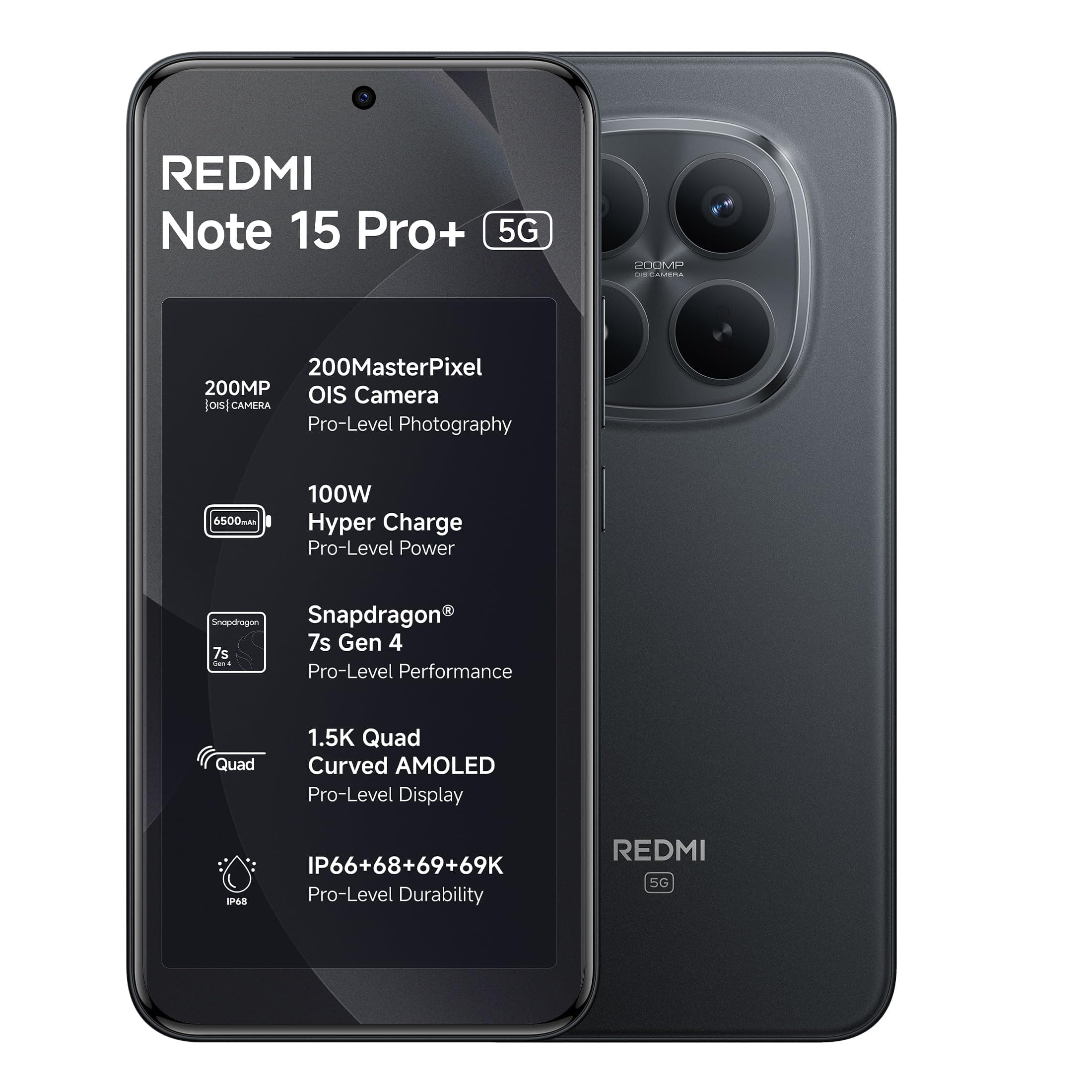 REDMI Note 15 Pro+ 5G (Carbon Black, 8GB + 256GB) | 200MasterPixel OIS Camera | Snapdragon 7s Gen 4 | CrystalRes AMOLED | IP69/69K | 6500mAh Si/C Batt...