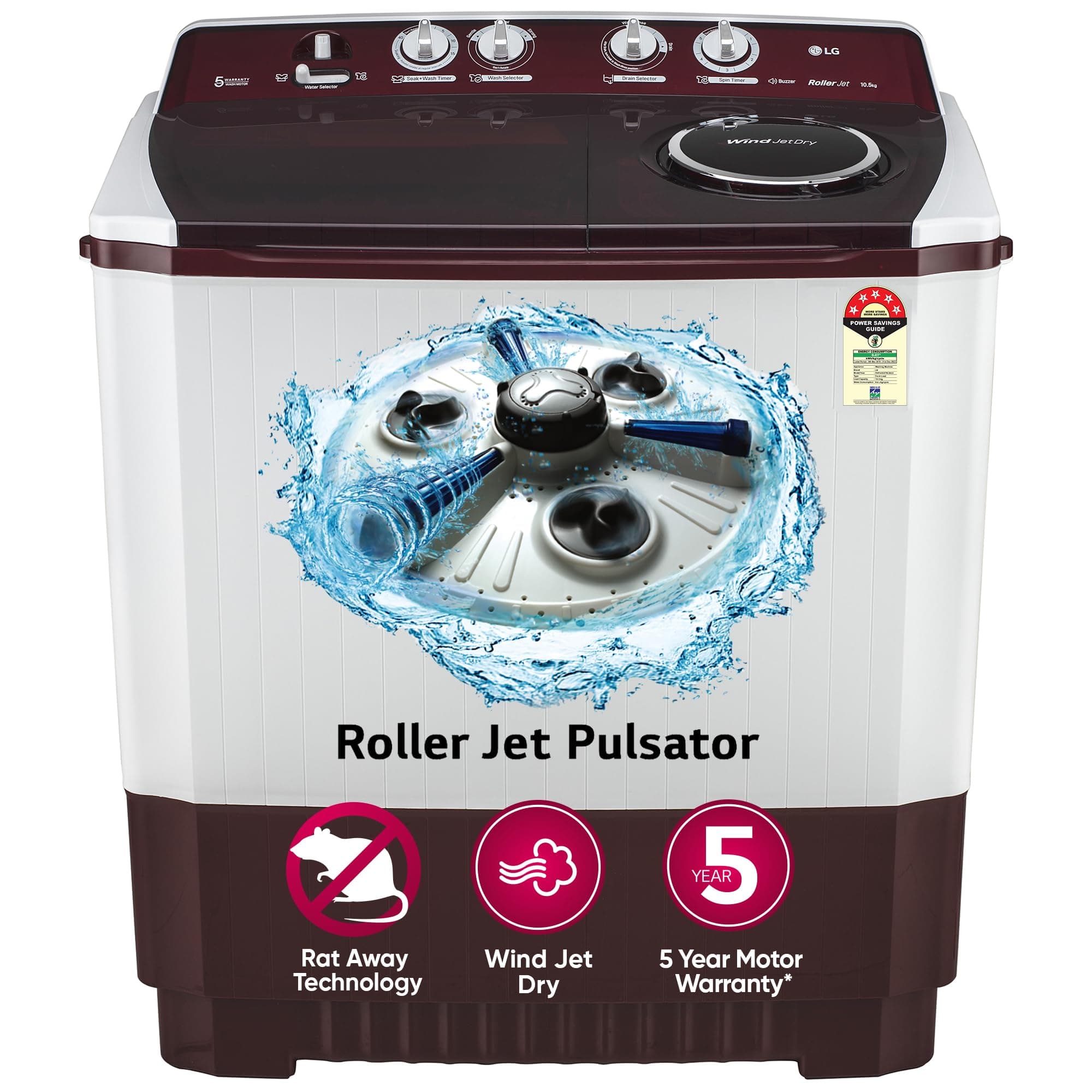 LG 10 Kg 5 Star Wind Jet Dry Rat Away Technology Semi-Automatic Top Loading Washing Machine (P105ASRAZ,Burgundy)