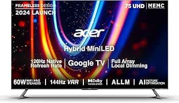Acer 189 cm (75 inches) M Series 4K Ultra HD Smart QLED Mini LED Google TV AR75UDMGR2885AT (Black)