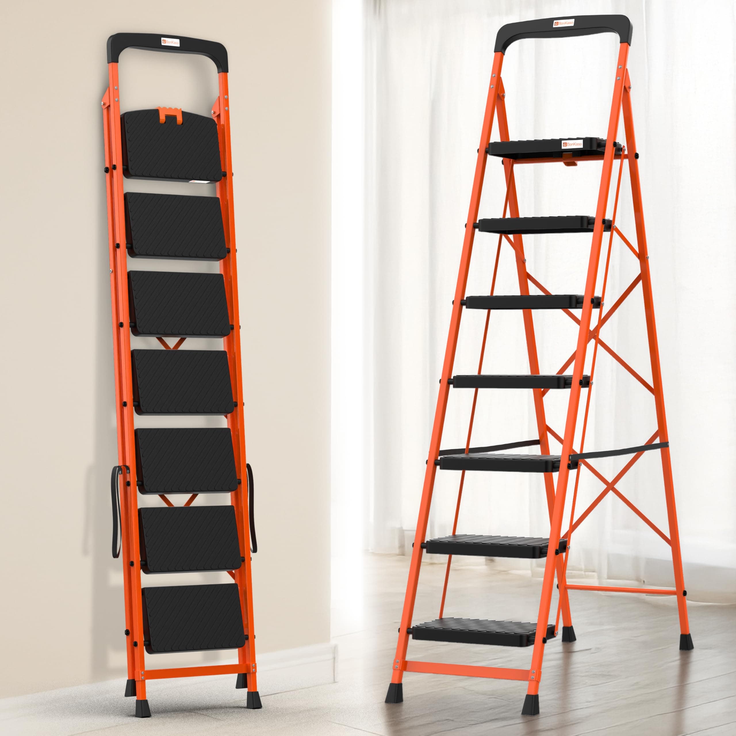 BonKaso Premium Steel Multipurpose Climb Easy Anti-Slip 7-Step Foldable Ladder with Safety Clutch Lock, Support Handle and Tool Tray for Home - (Orang...
