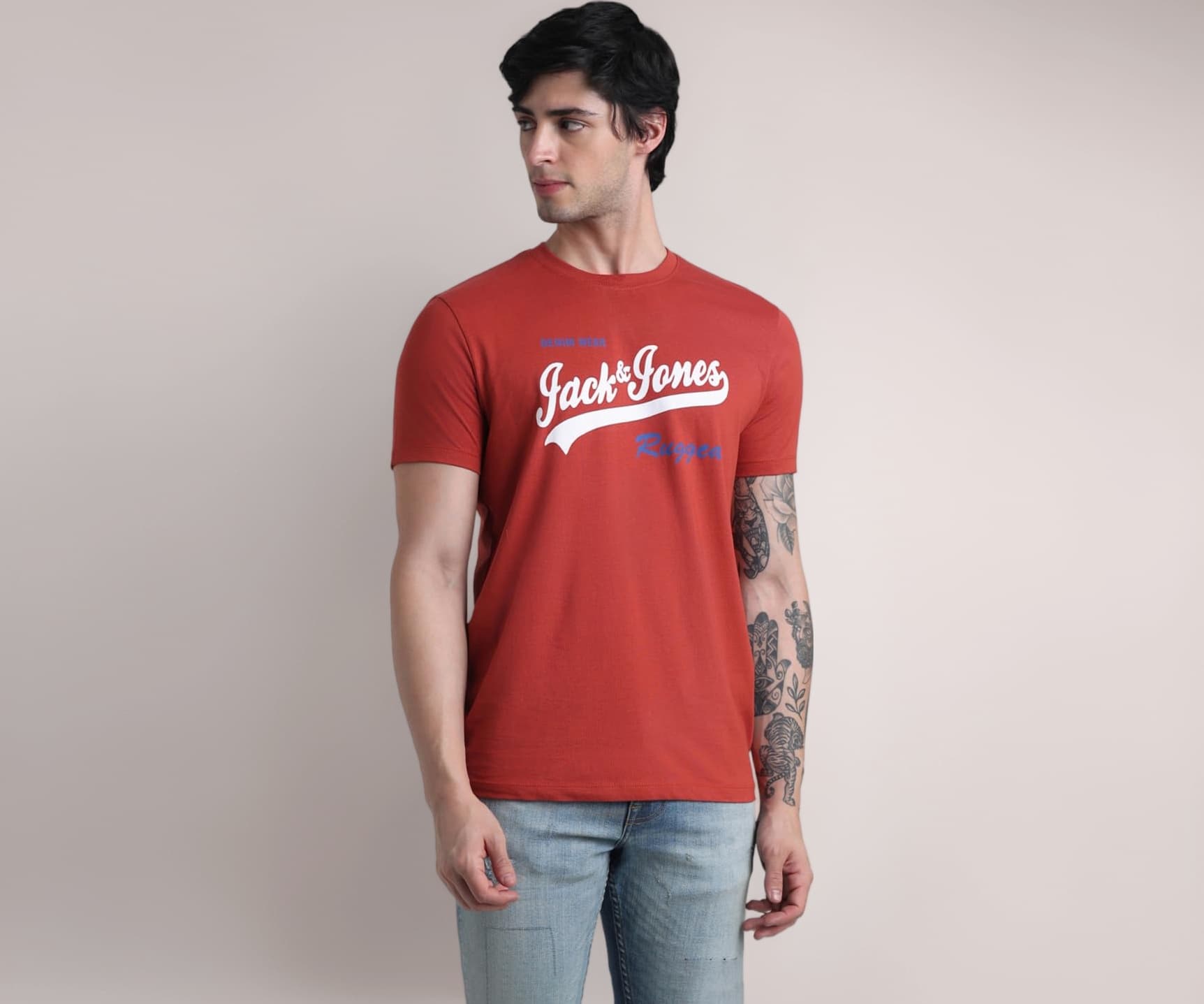 Jack & Jones Men's Cotton Typography Slim Fit Round Neck T-Shirt