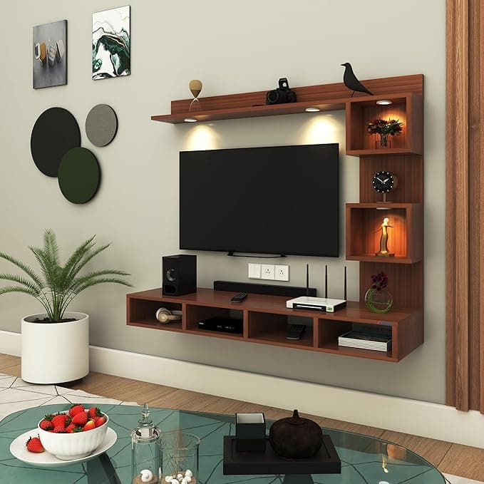 Anikaa Kirina Engineered Wood Wall Mount TV Unit with LED Lights TV Cabinet TV Entertainment Unit Set Top Box Stand (Walnut) (Ideal for 43 Inch)(D.I.Y)
