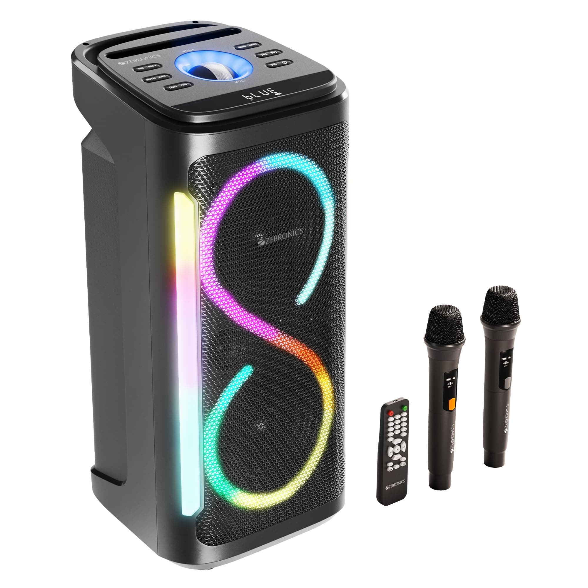 ZEBRONICS Party Fyre 650 Party Speaker, 180W RMS, Dual 16.51cm Full Range Drivers, 7h Playback, Dual Wireless Mics, Karaoke, TWS, BT v5.0, USB, mSD, A...