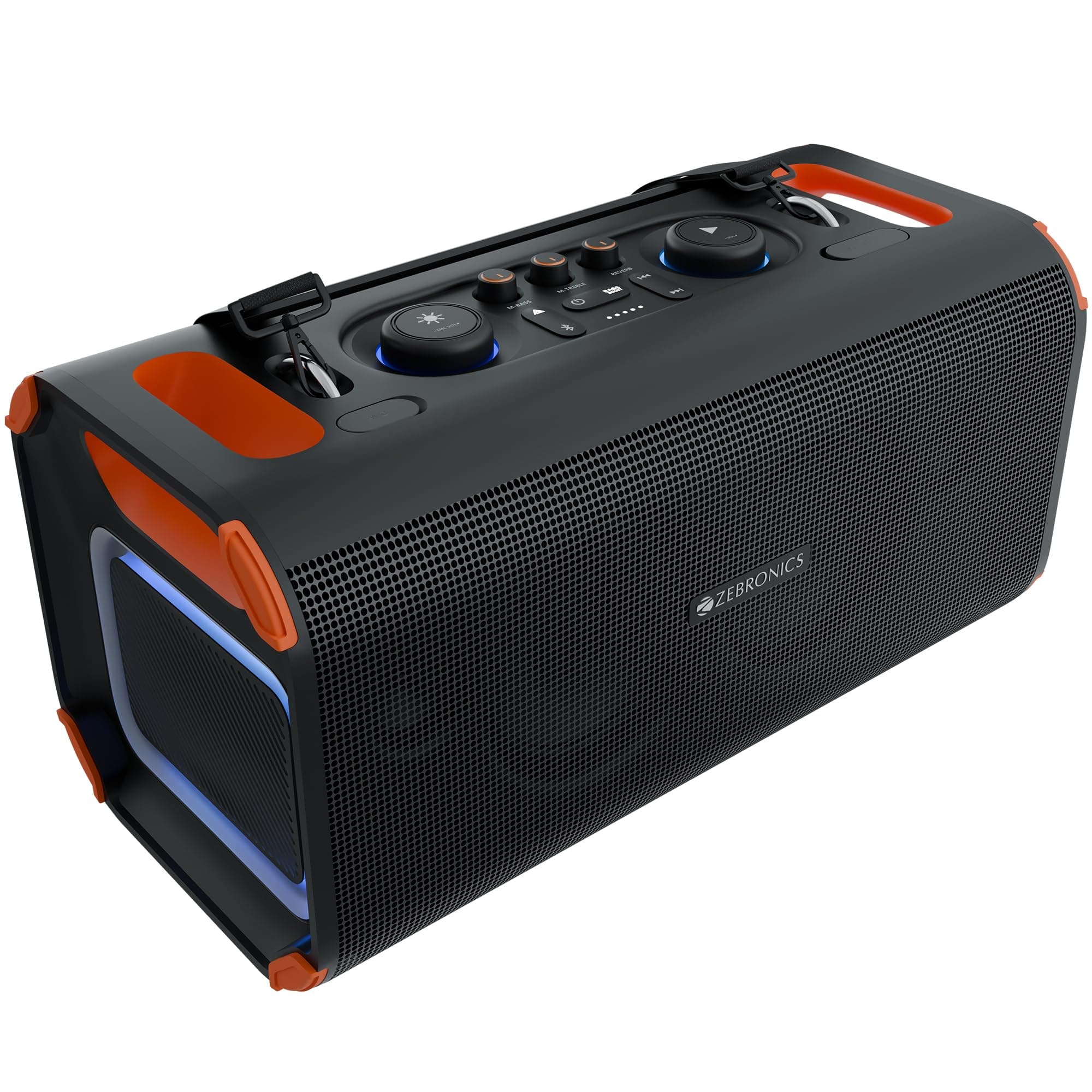 Zebronics Party Speaker, 150W, AURACAST Technology, Upto 5 Hours Playtime, 4 Drivers, BT v5.4, Wireless Mic, Mic & Guitar in, RGB, Mobile Holder, Spla...