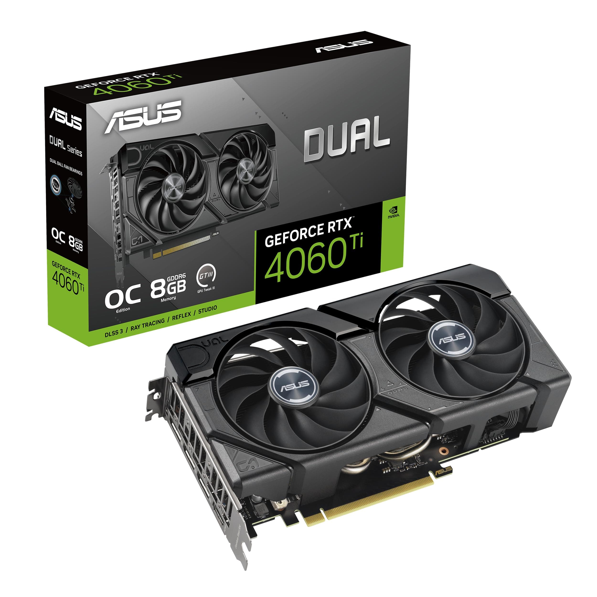 ASUS Dual GeForce RTX 4060 Ti EVO OC Edition 8GB GDDR6 (PCIe 4.0, 8GB GDDR6, DLSS 3, HDMI 2.1a, DisplayPort 1.4a, Axial-tech fan design, 0dB technolog...