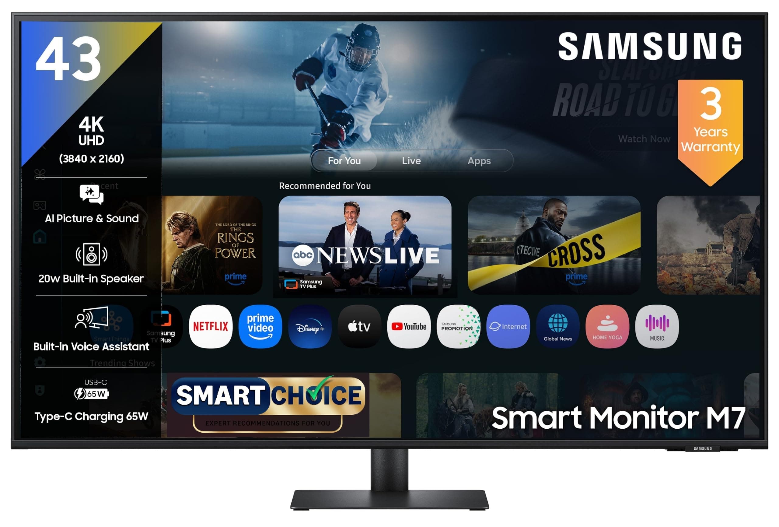 Samsung M7 Series 43 Inch (1.08 m) Vision AI Smart Monitor, 4K (3840x2160), in-Built Speaker, Smart TV Apps, AirPlay, 60Hz, 4ms, Wi-Fi, Bluetooth, USB, USB-C, Wireless Display (LS43FM700UWXXL, White)
